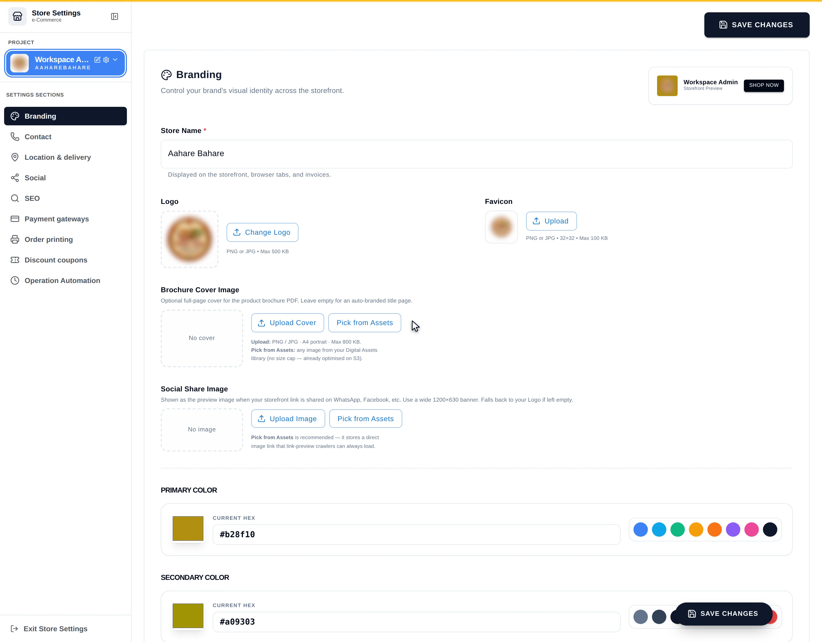 The Branding section showing Store Name, Logo, Favicon, Brochure Cover Image, Social Share Image and the Primary and Secondary colour pickers