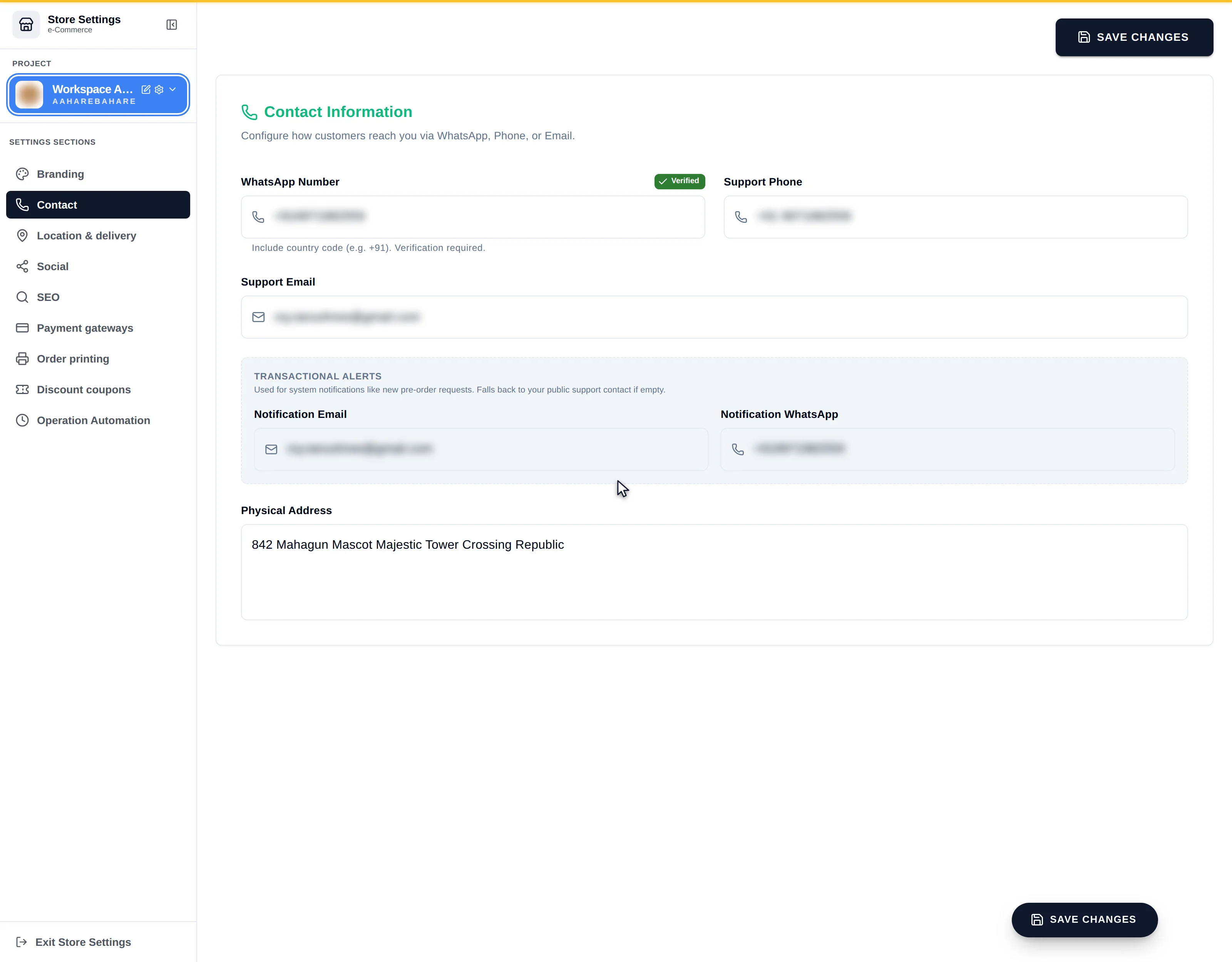 The Contact section showing Contact Information with WhatsApp, support phone and email, then Transactional alerts with notification email and WhatsApp, and the physical address