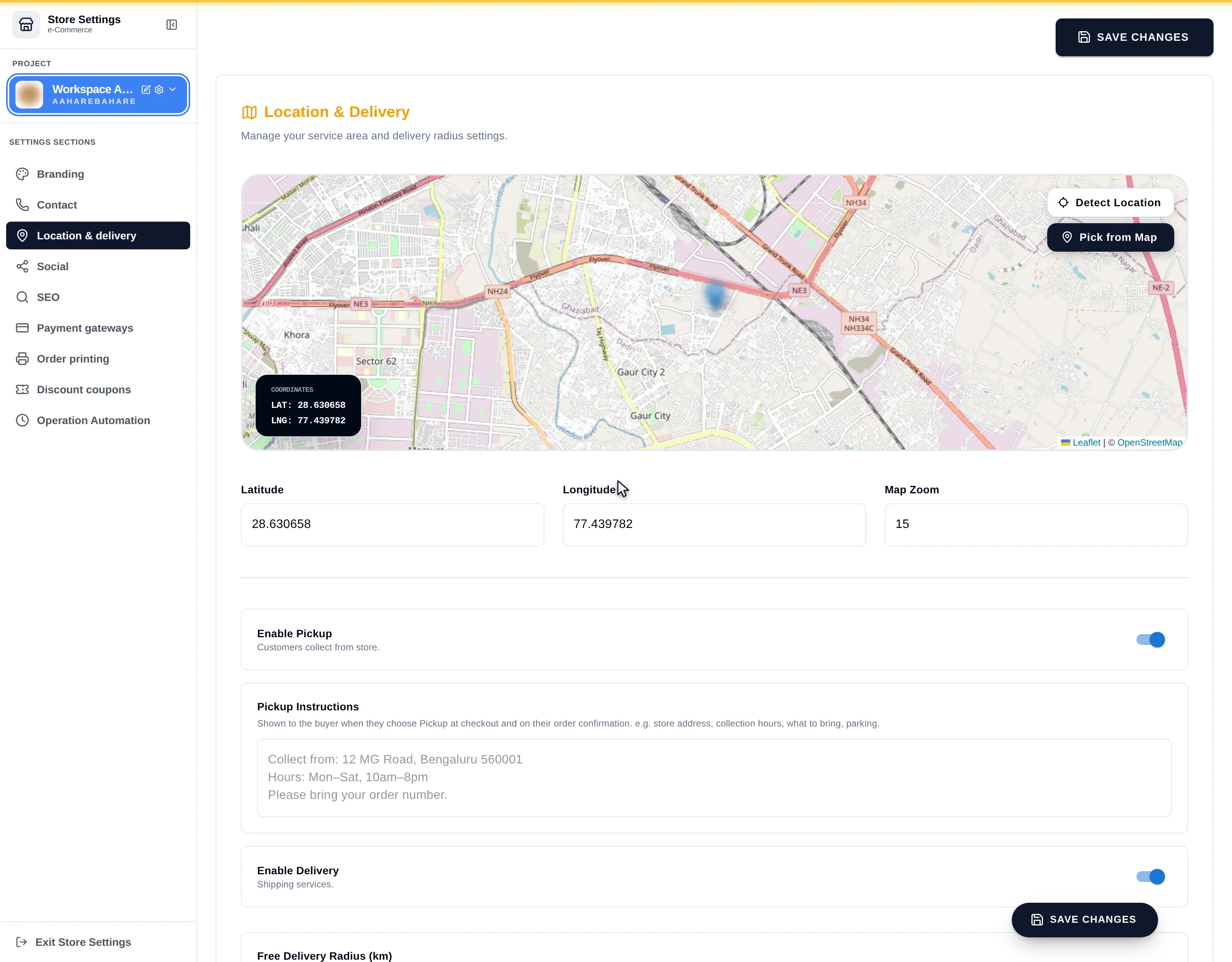 The live shipping preview showing a distance and order value input with the calculated shipping fee