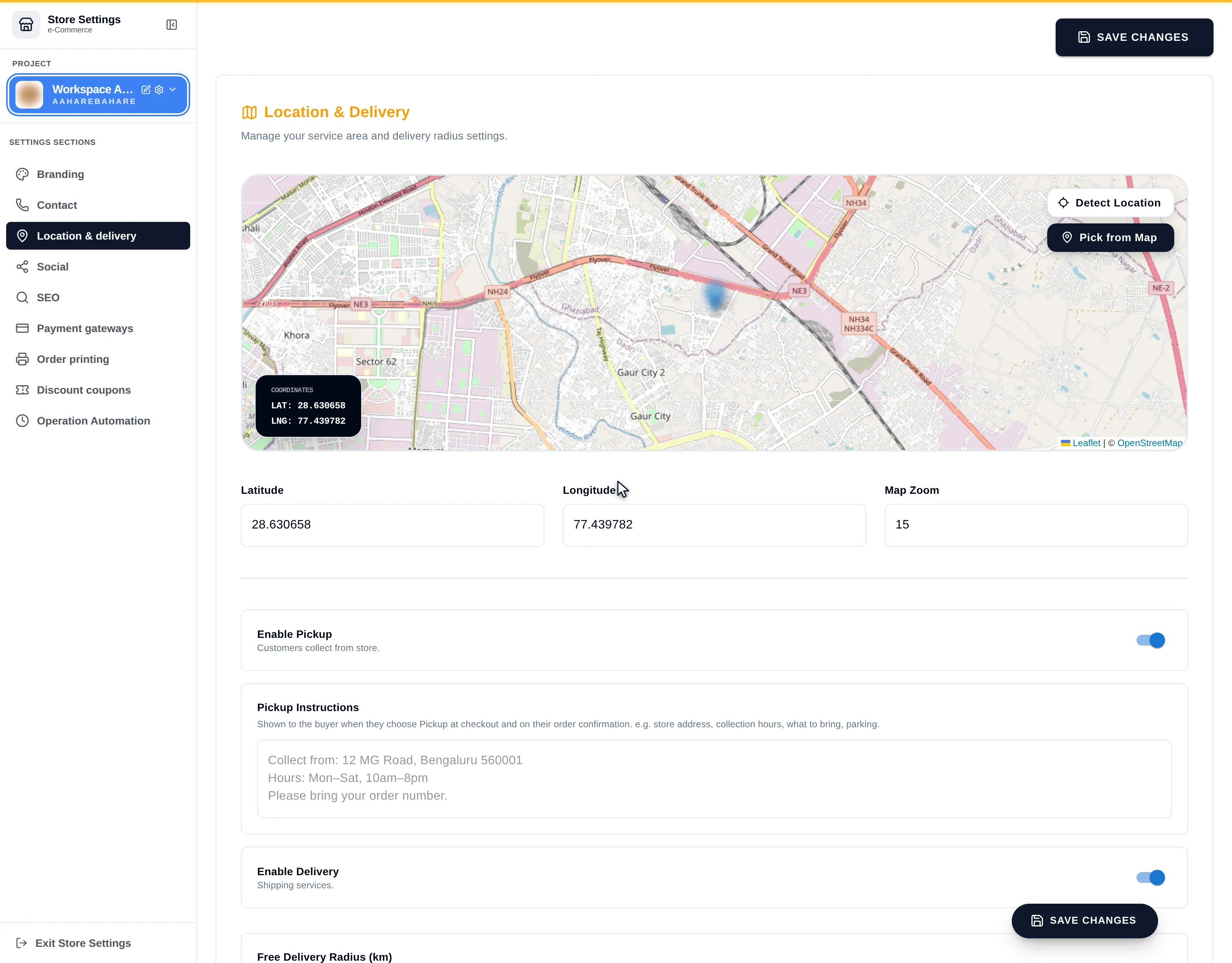 The Location and delivery section showing the OpenStreetMap picker, coordinates, pickup and delivery toggles, serviceable zip codes and the shipping pricing model