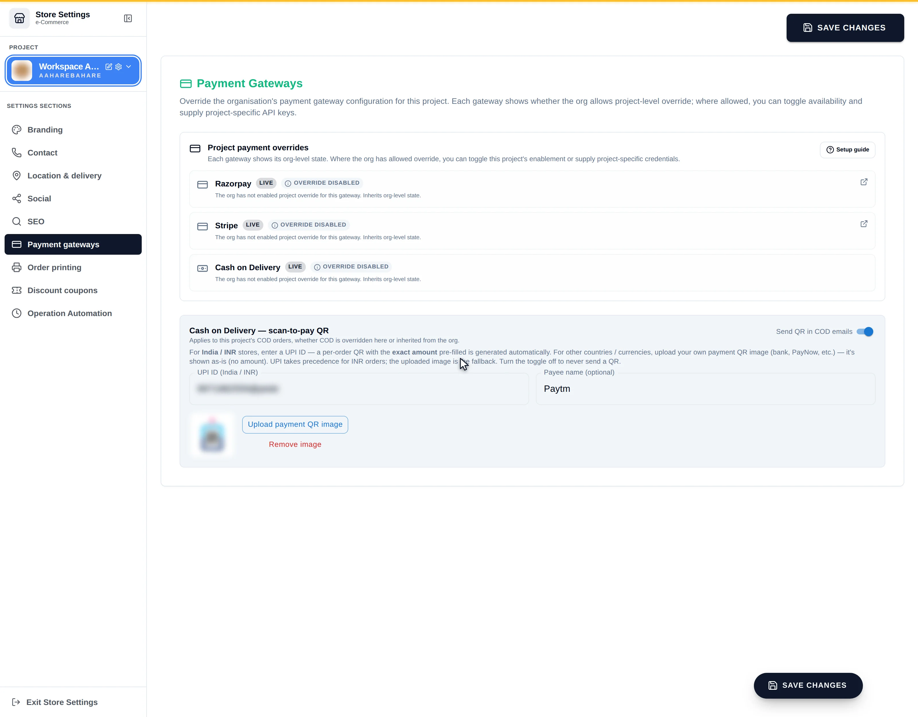The Payment Gateways section listing Razorpay, Stripe and Cash on Delivery each marked LIVE and OVERRIDE DISABLED, above the Cash on Delivery scan-to-pay QR block