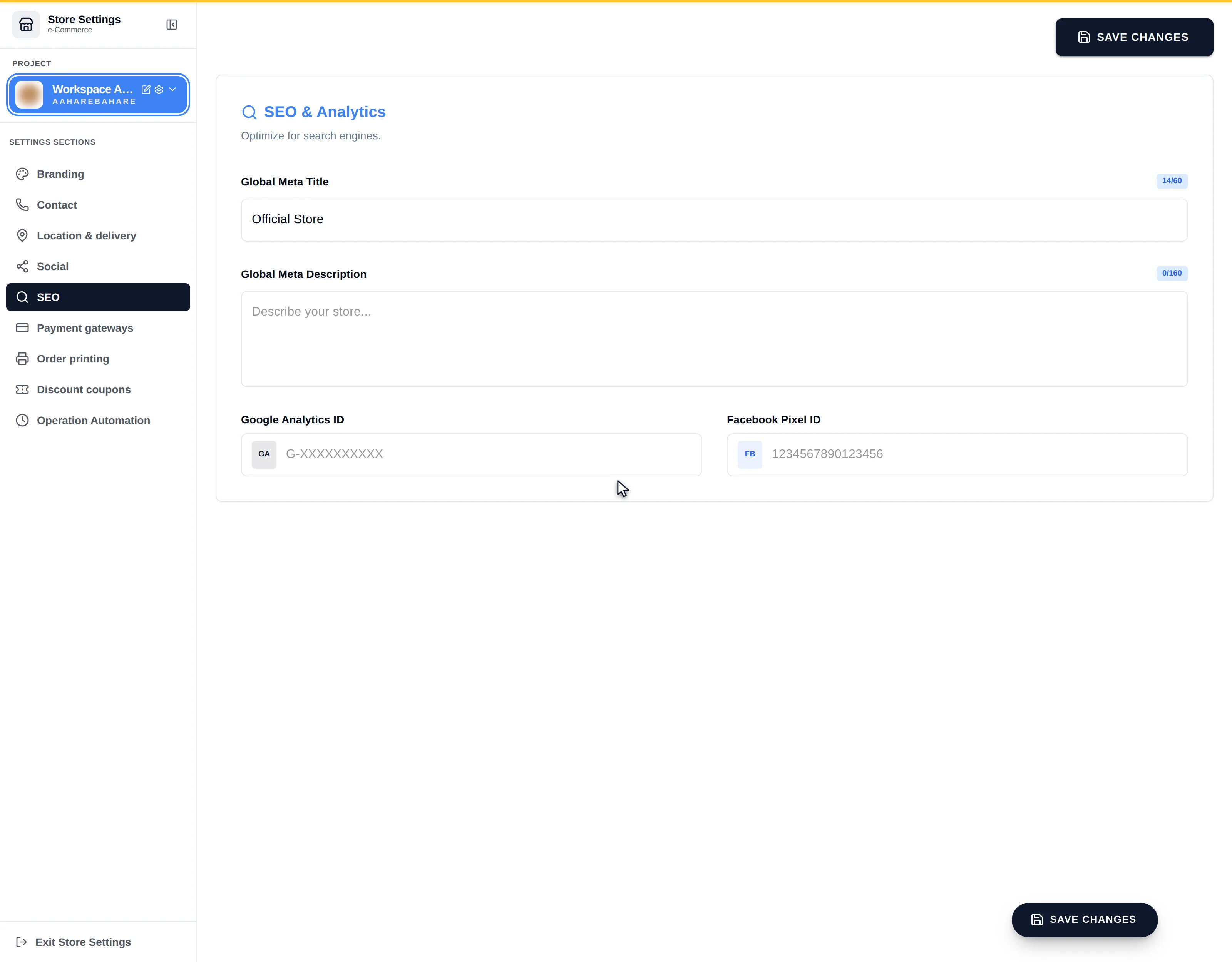 The SEO and Analytics section showing global meta title, meta description, Google Analytics ID and Facebook Pixel ID