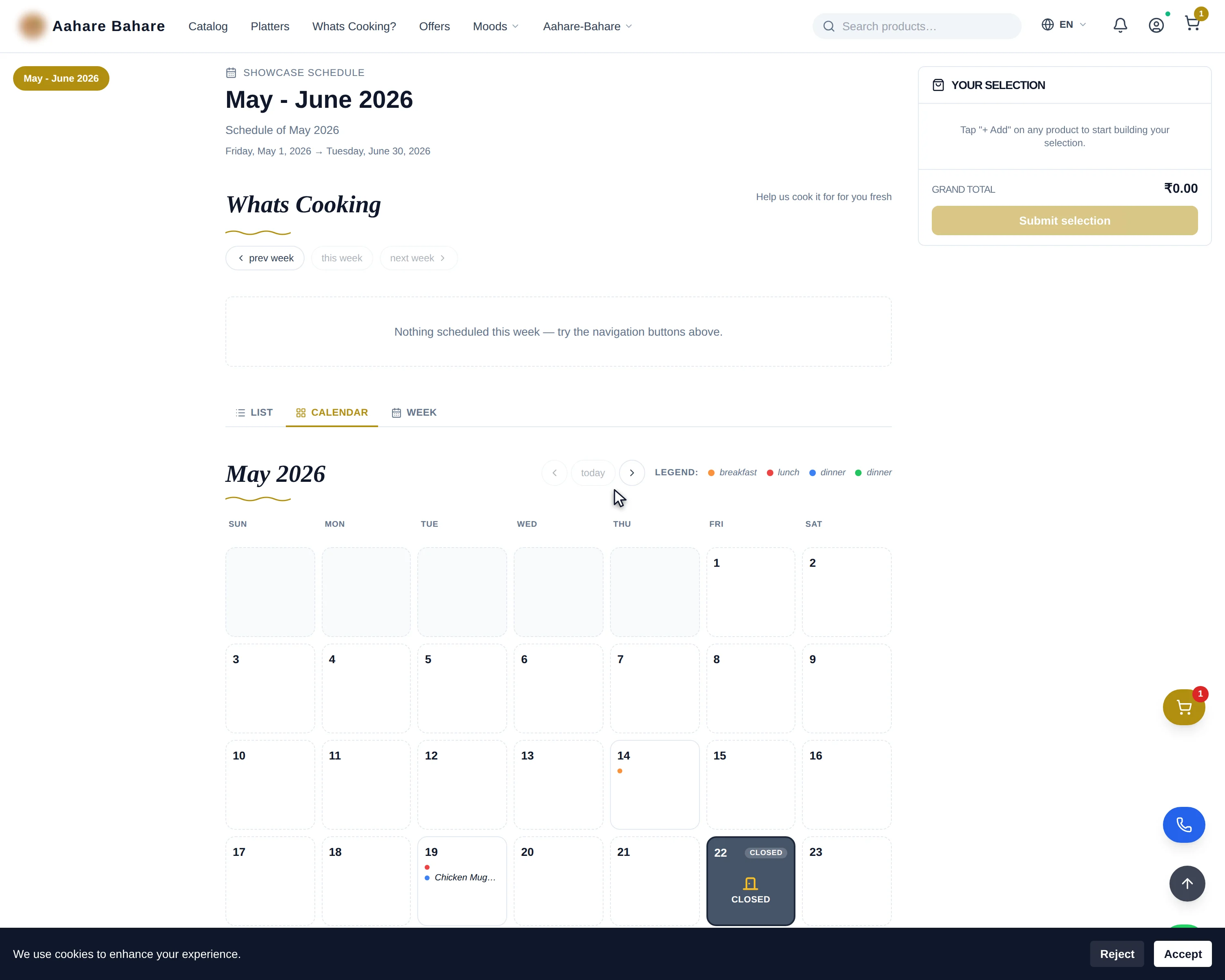 The showcasing schedule page as customers see it