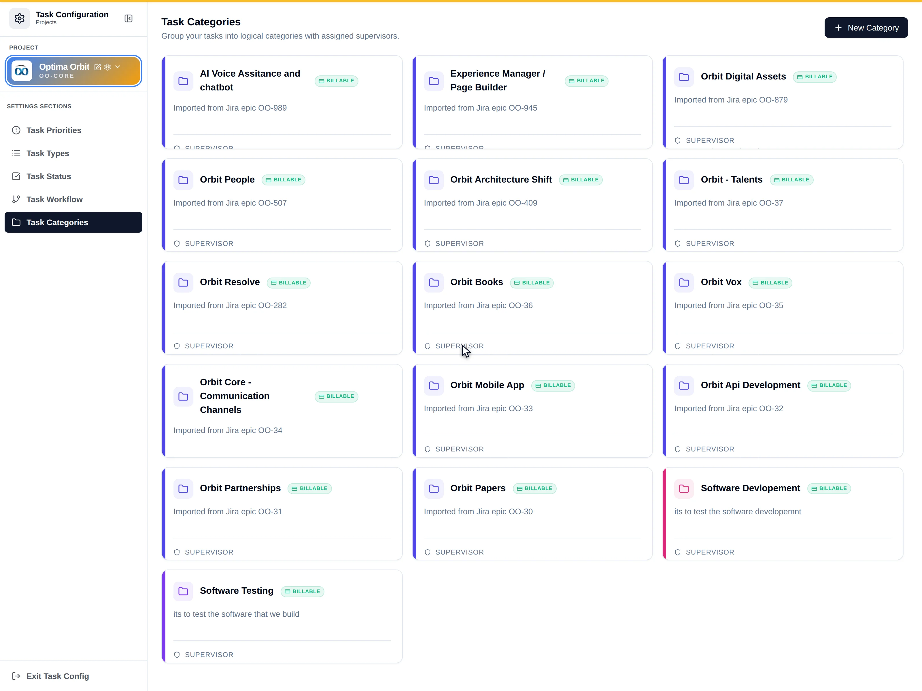 The category card grid showing colour spine, Billable pill, description and supervisor block