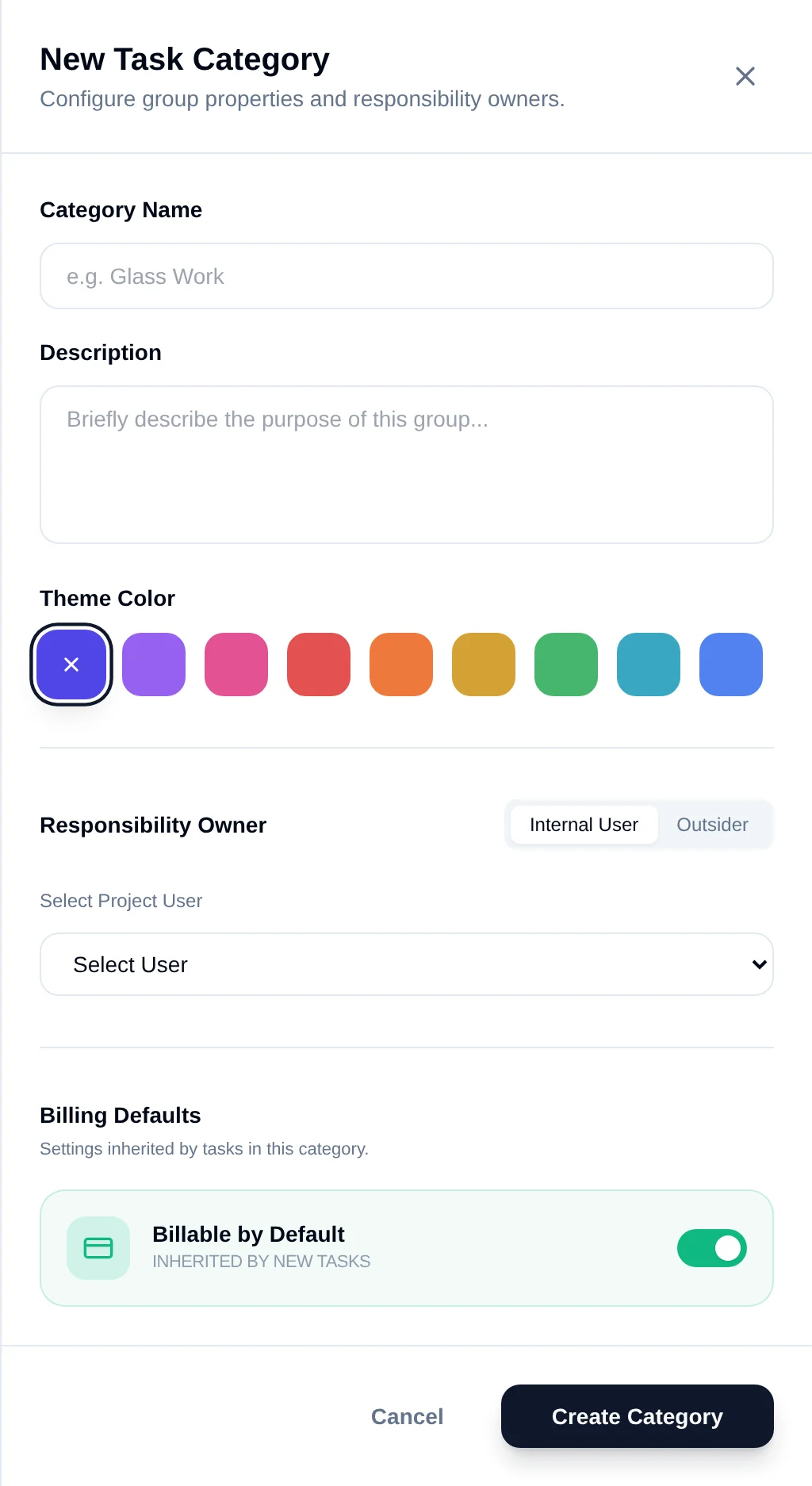 The New Task Category drawer, pips: 1 Name, 2 Description, 3 Theme Colour, 4 Internal/Outsider toggle, 5 supervisor field, 6 Billable by Default