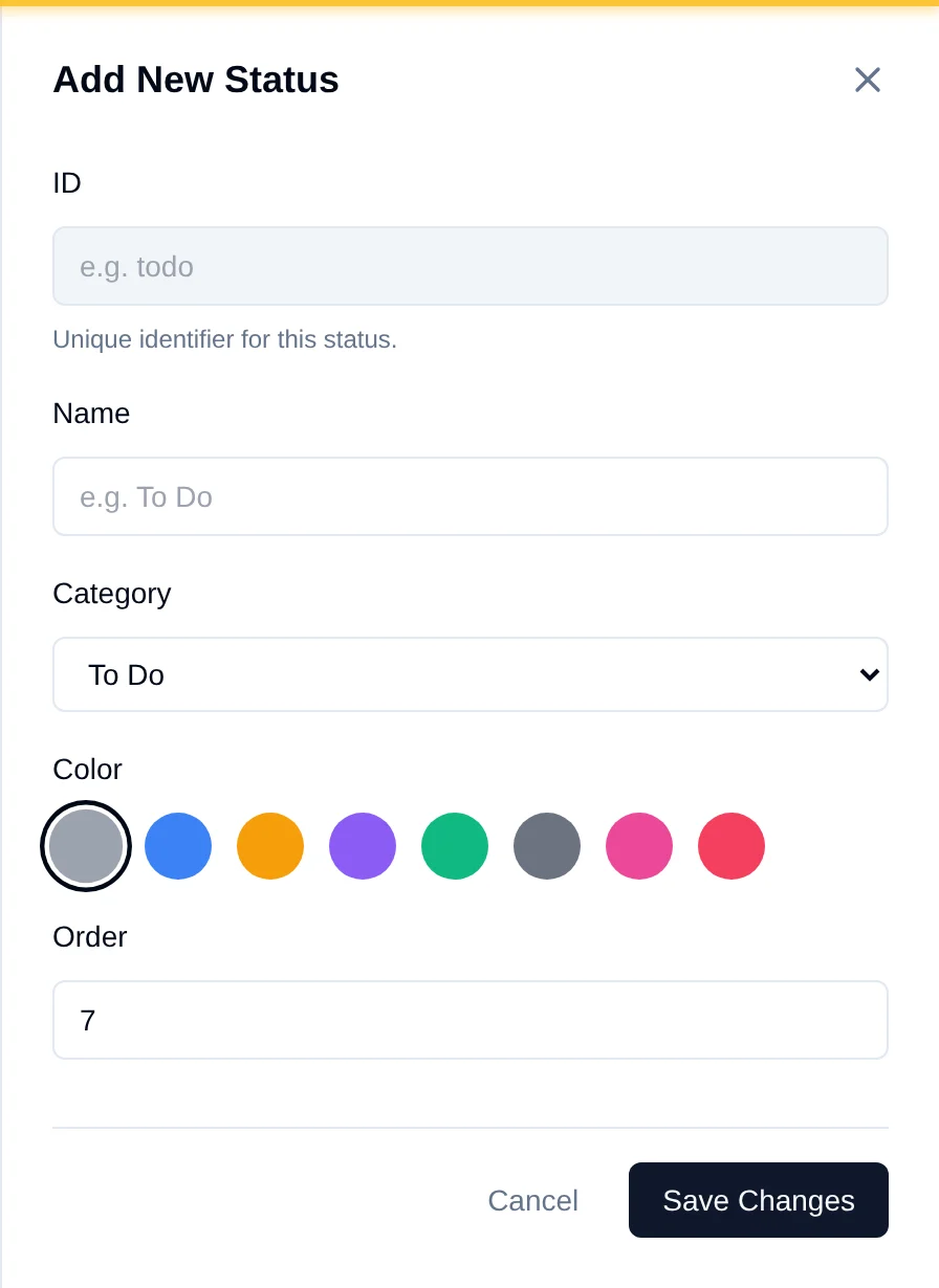 The Add New Status drawer, pips: 1 ID, 2 Name, 3 Category select, 4 colour swatches, 5 Order