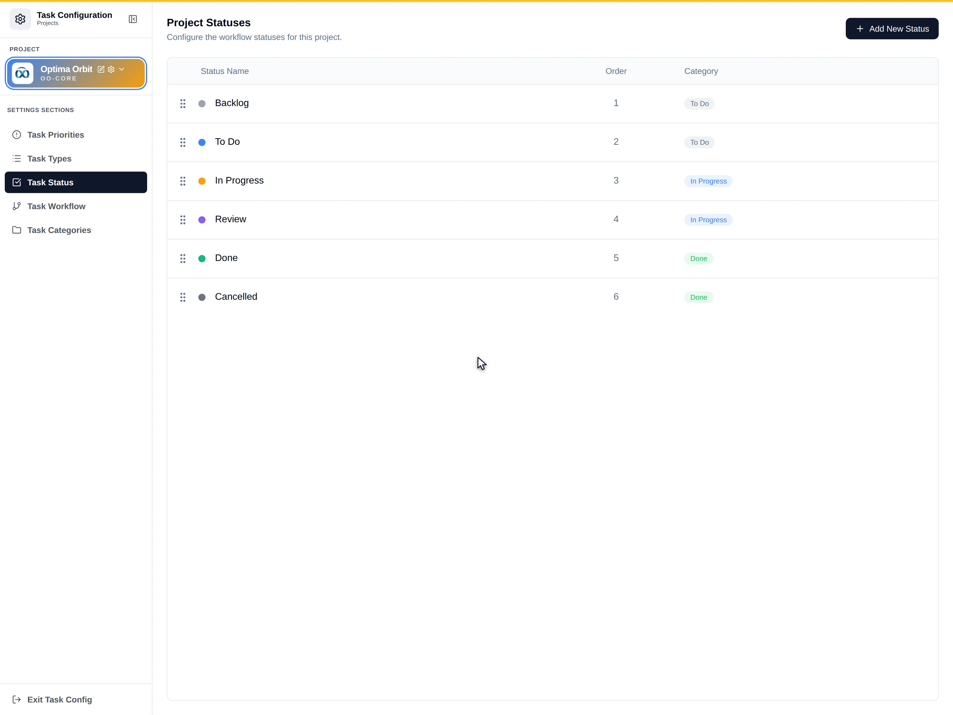 The Project Statuses list showing the four-column header, drag handles, order and category chips