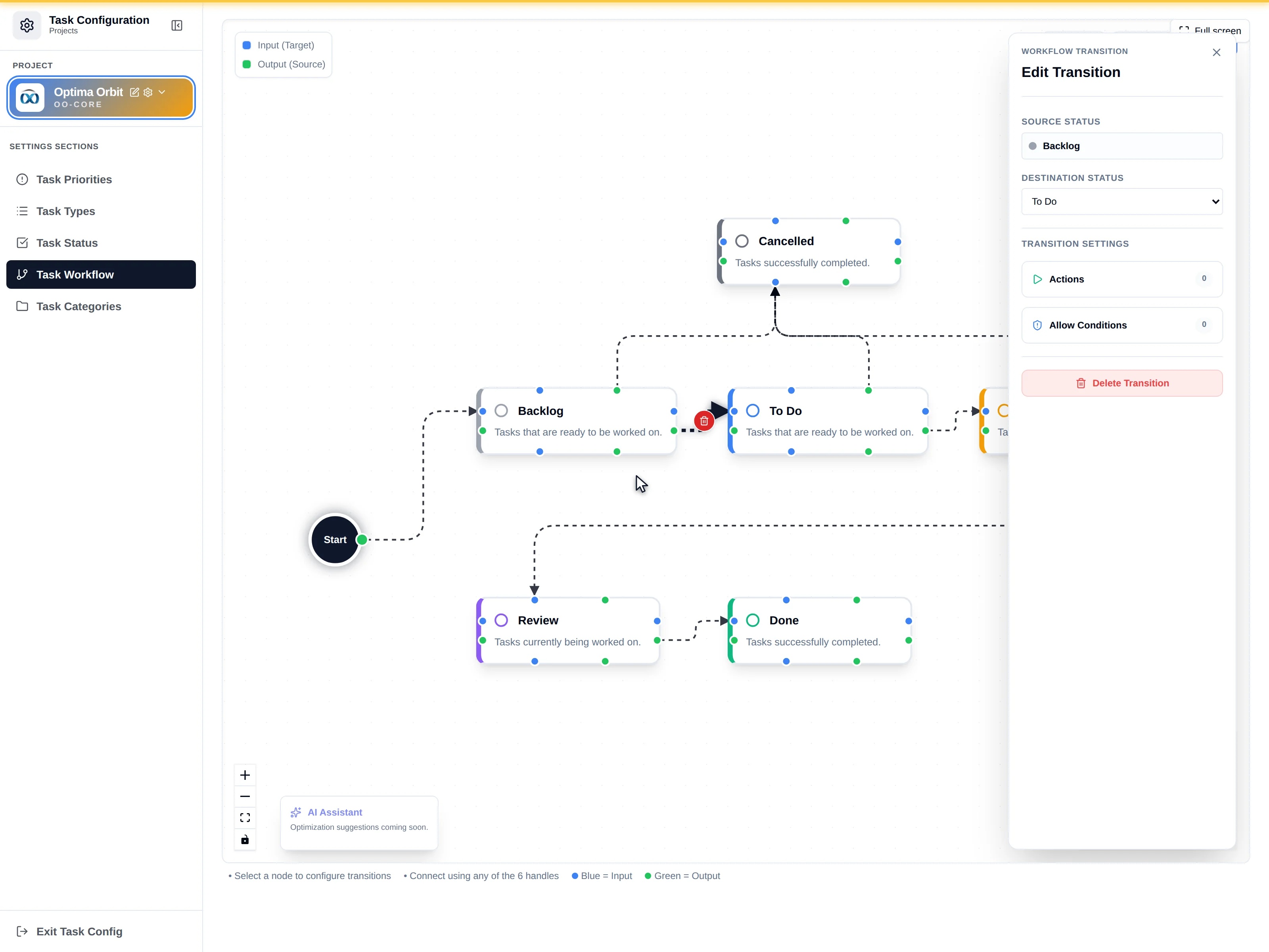 The Edit Transition panel showing source, target, Actions and Conditions. Tall+narrow → Split