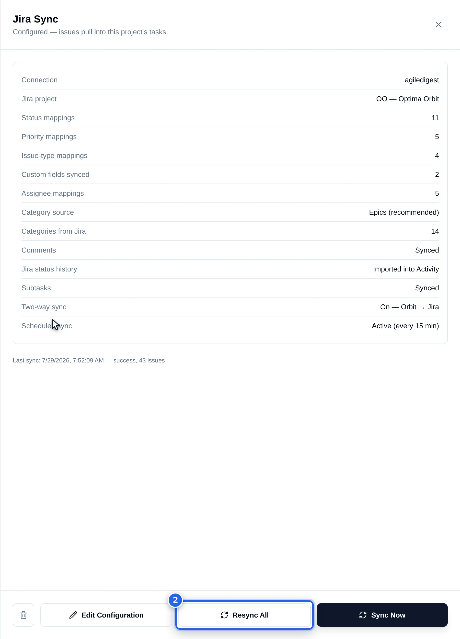 The configured summary panel with last-sync details, Sync and Resync All