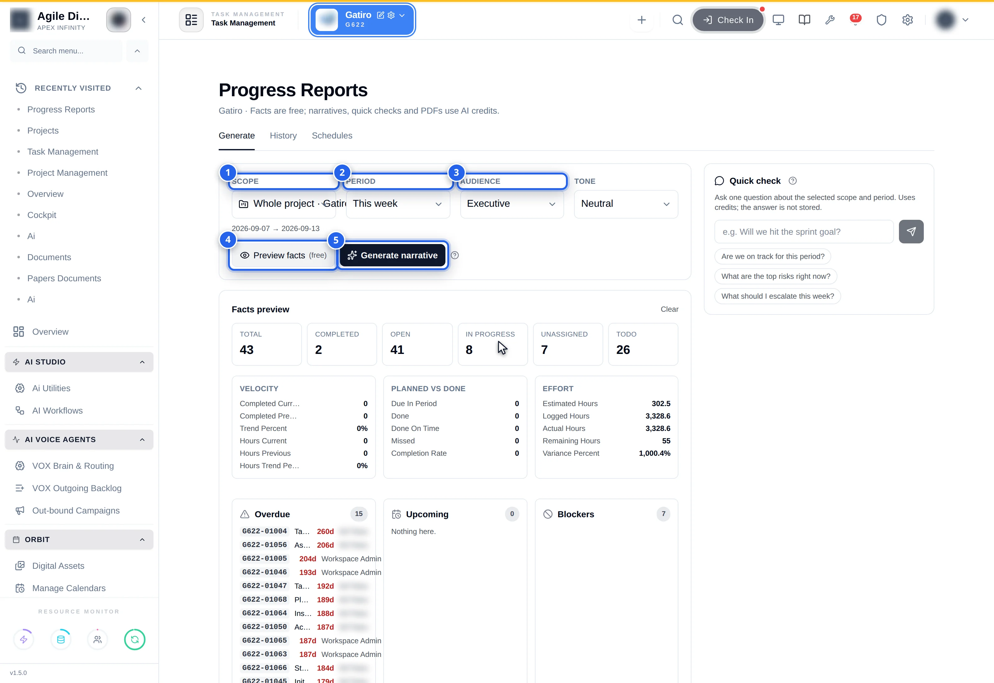 Generate tab: 1 Scope, 2 Period, 3 Audience, 4 Preview facts, 5 Generate narrative