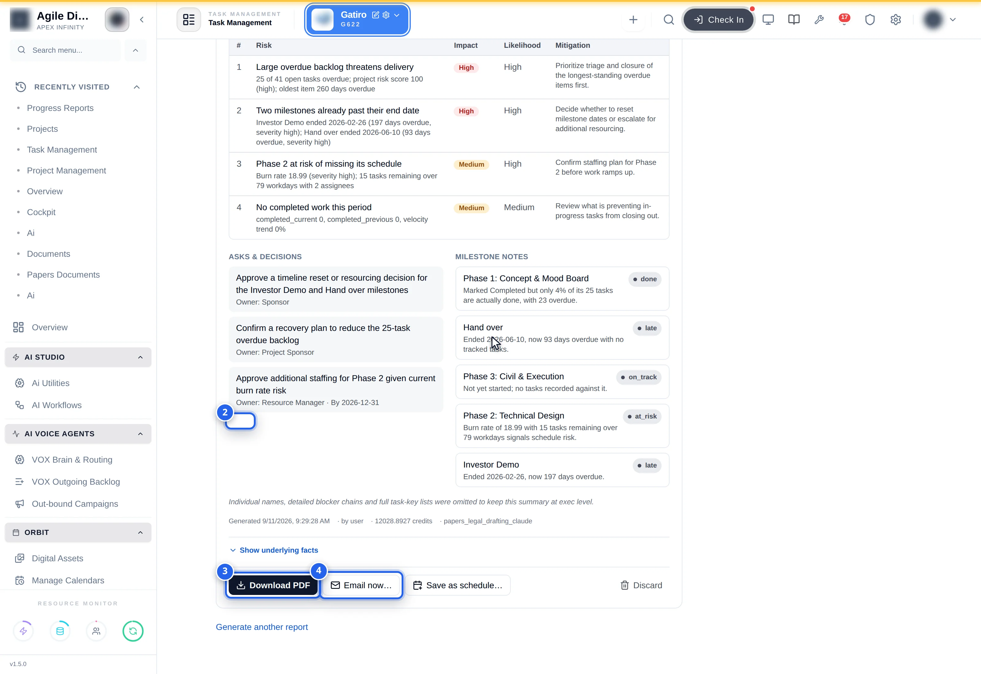 Narrative card: 1 Achievements, 2 Risks, 3 Download PDF, 4 Email now