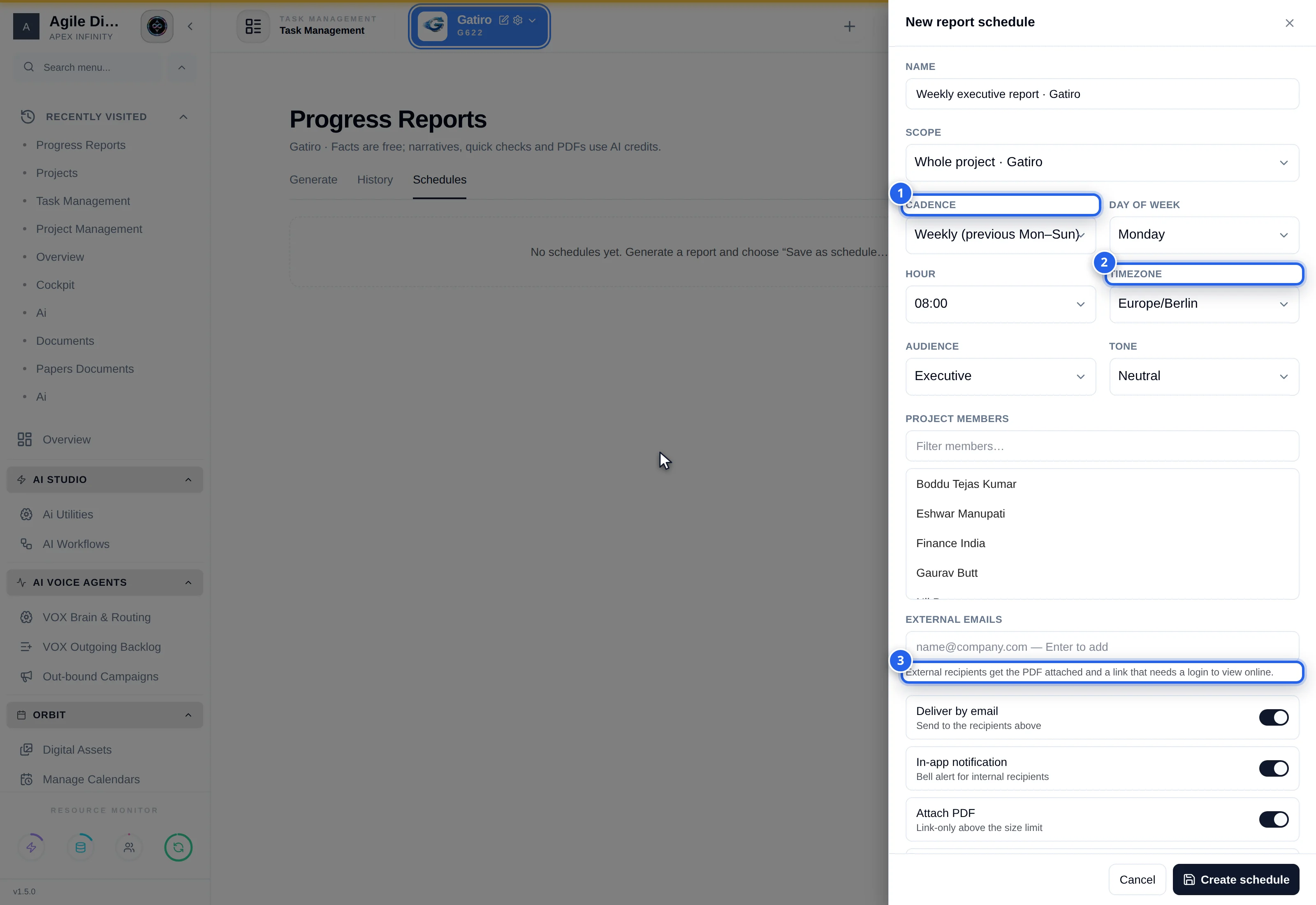 Schedule drawer: 1 Cadence, 2 Timezone, 3 Recipients, 4 Delivery