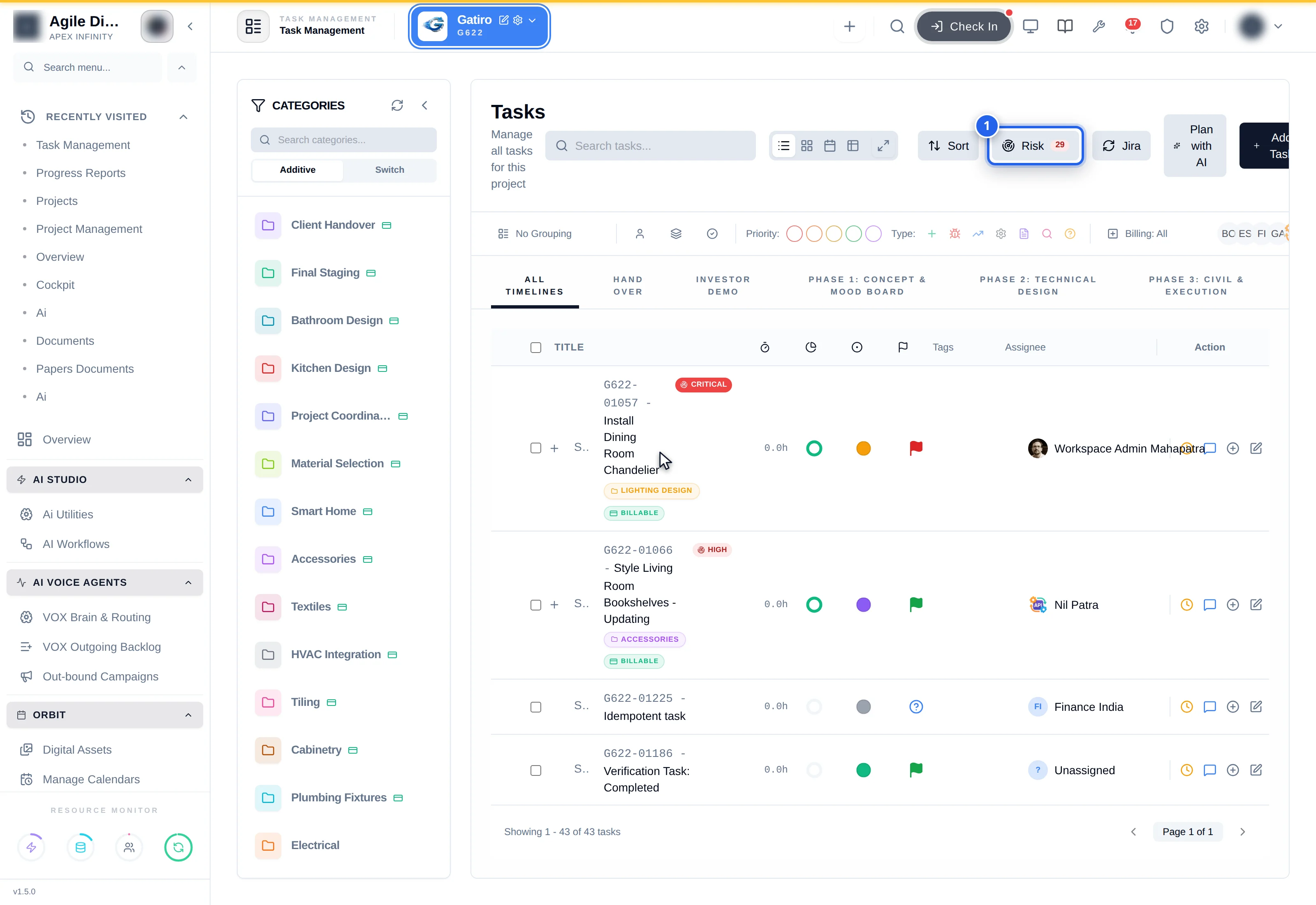 Severity badges on task rows and the Risk button with its count