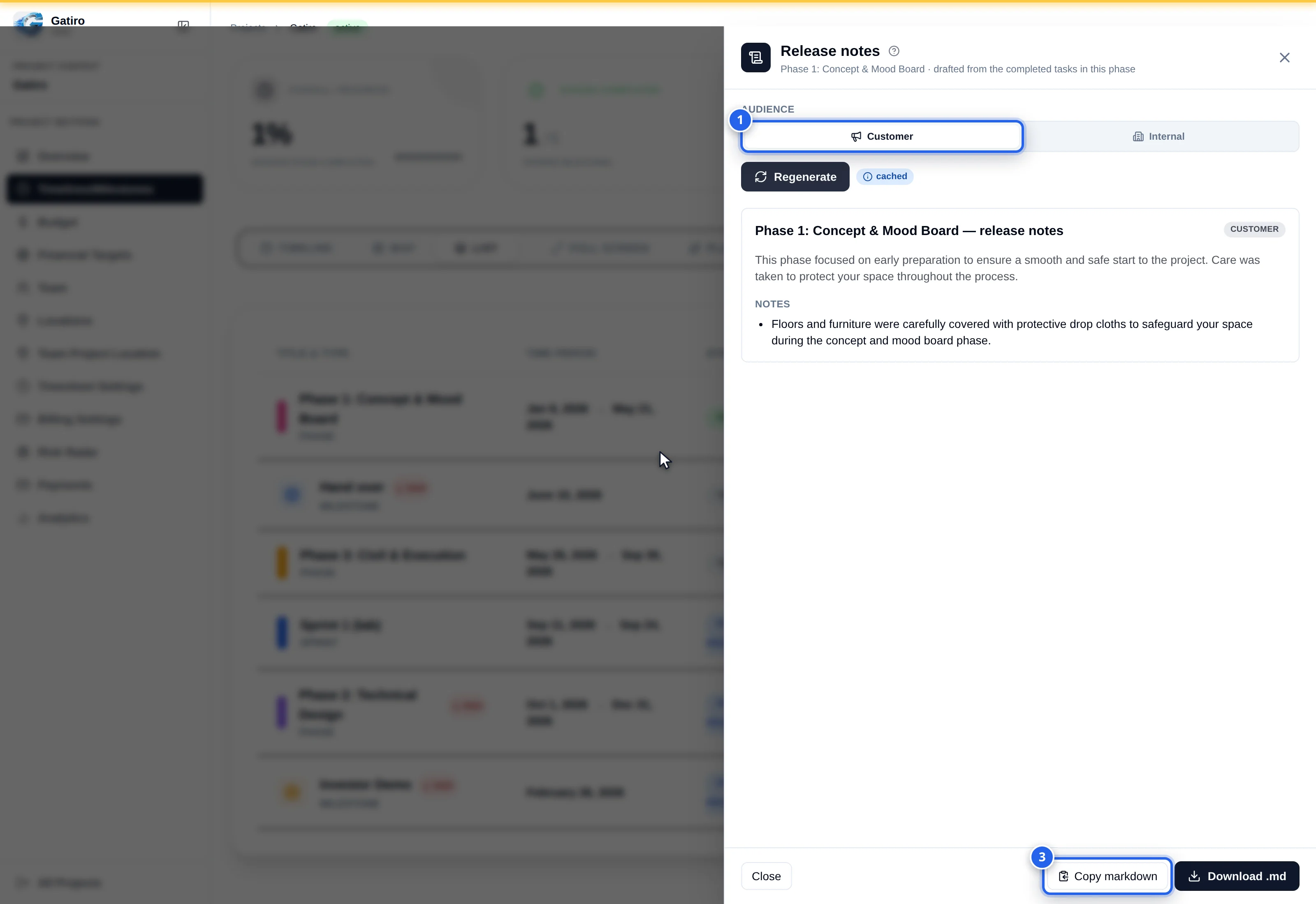 Release notes drawer: 1 audience toggle, 2 sections Added / Changed / Fixed, 3 Copy markdown