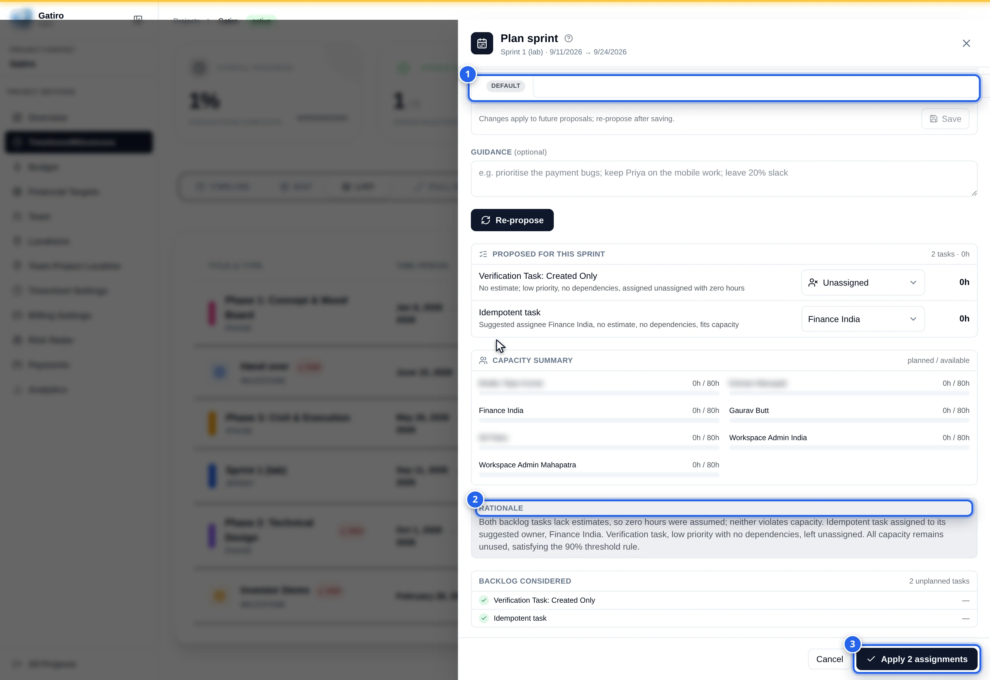 Sprint planner: 1 capacity table, 2 backlog, 3 proposal with assignees and hours, 4 Apply