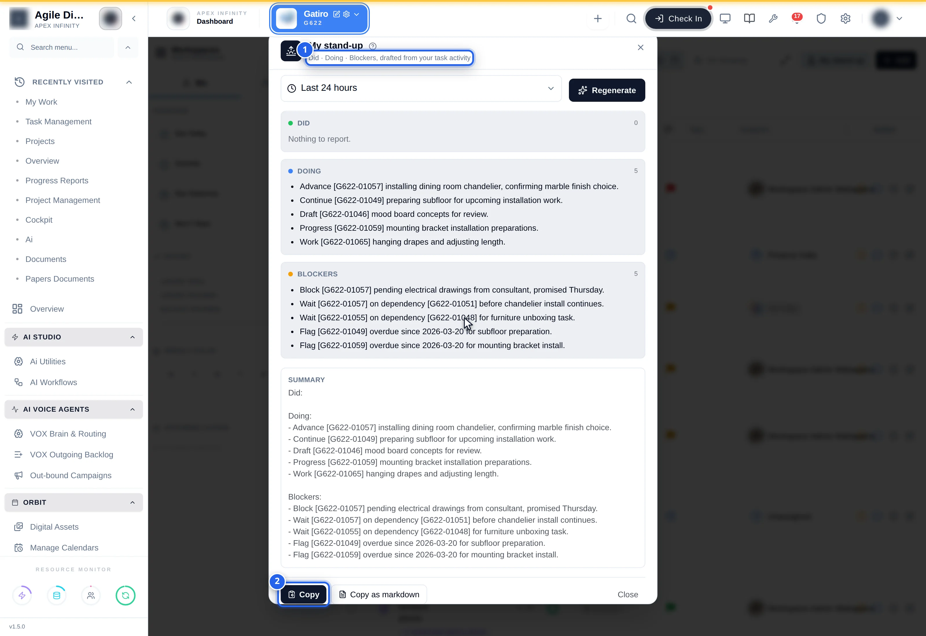 My stand-up modal with did, doing and blockers lists and a Copy button