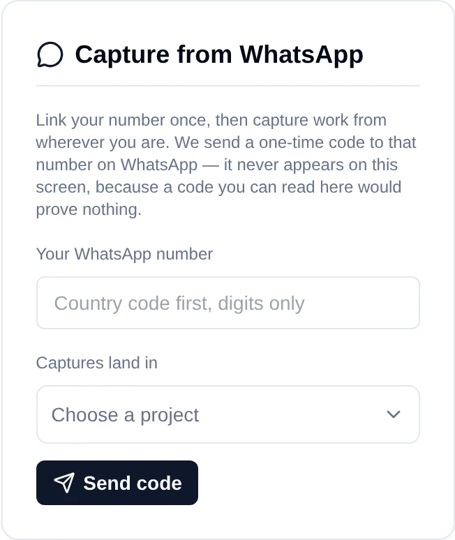 The Capture from WhatsApp card on your profile: your number, the project captures land in, and Send code