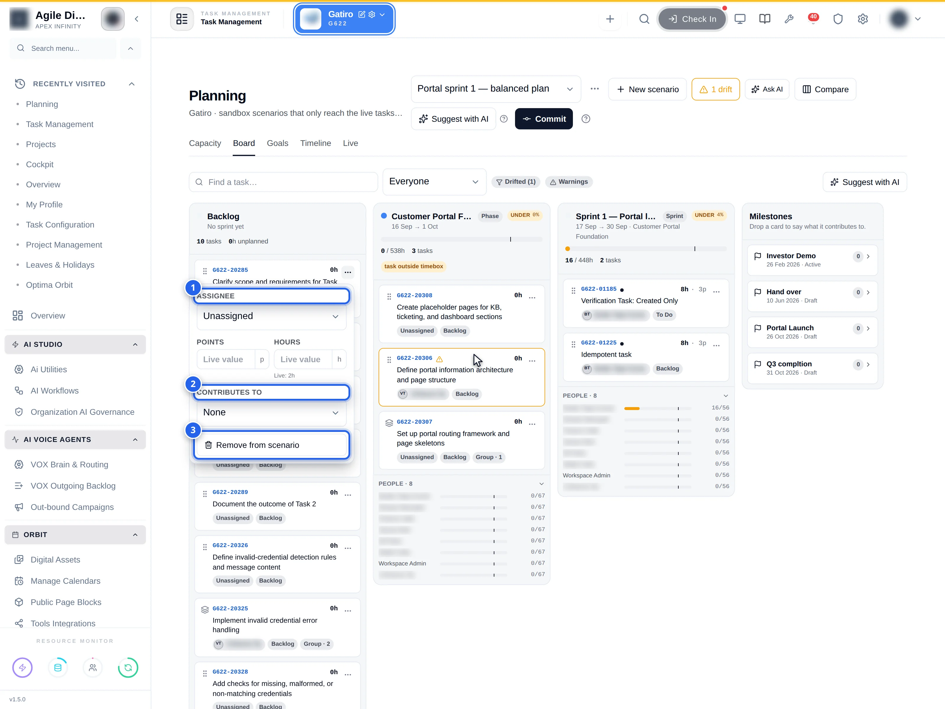 Card menu open on a Backlog card: 1 Assignee select, Points and Hours fields showing Live value, 2 Contributes to select, 3 Remove from scenario