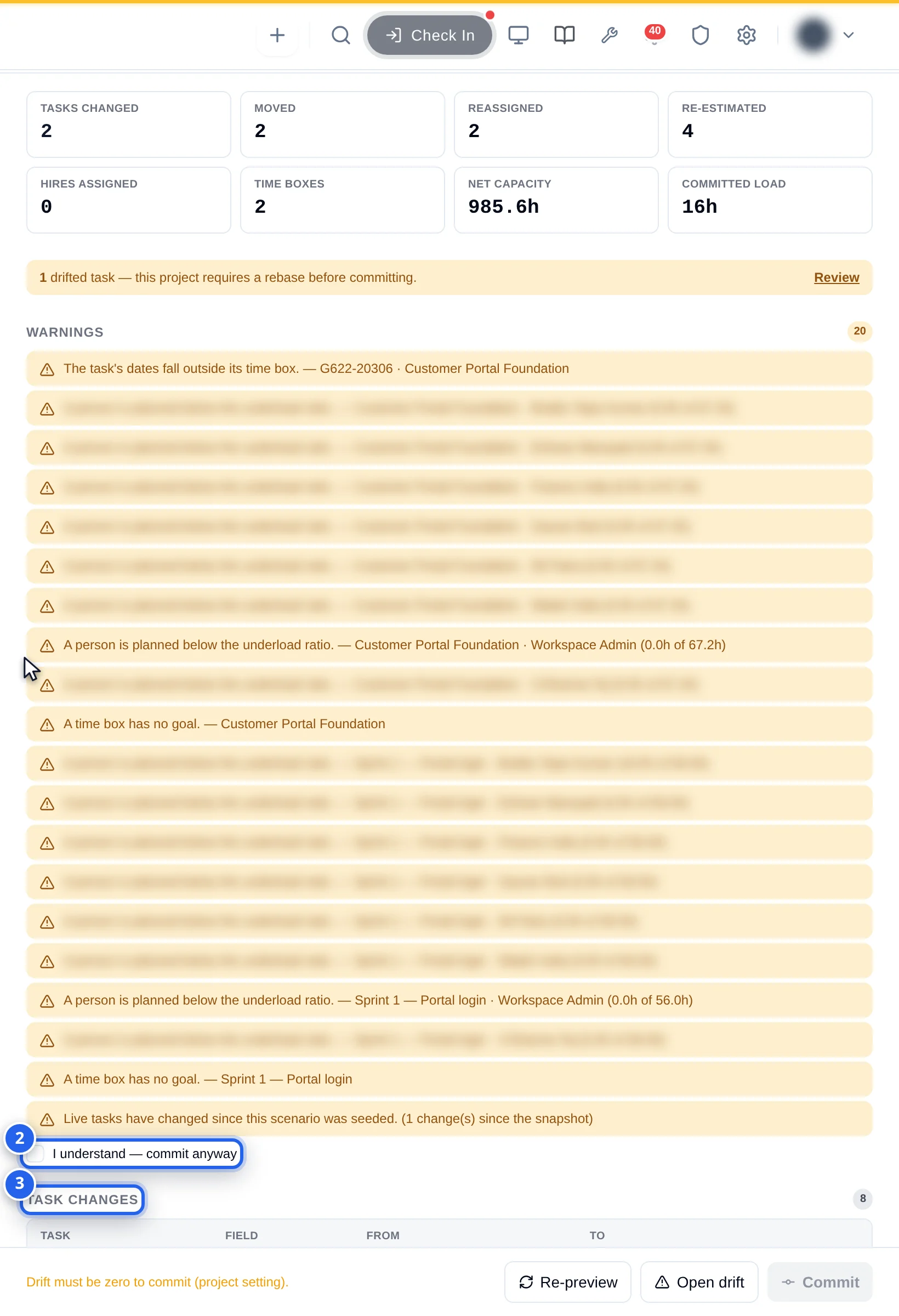 Commit preview drawer: counters, a drifted-task banner with Review, a Warnings list of 20, 2 the I understand — commit anyway tick box, 3 the Task changes table, and Re-preview, Open drift and a disabled Commit button