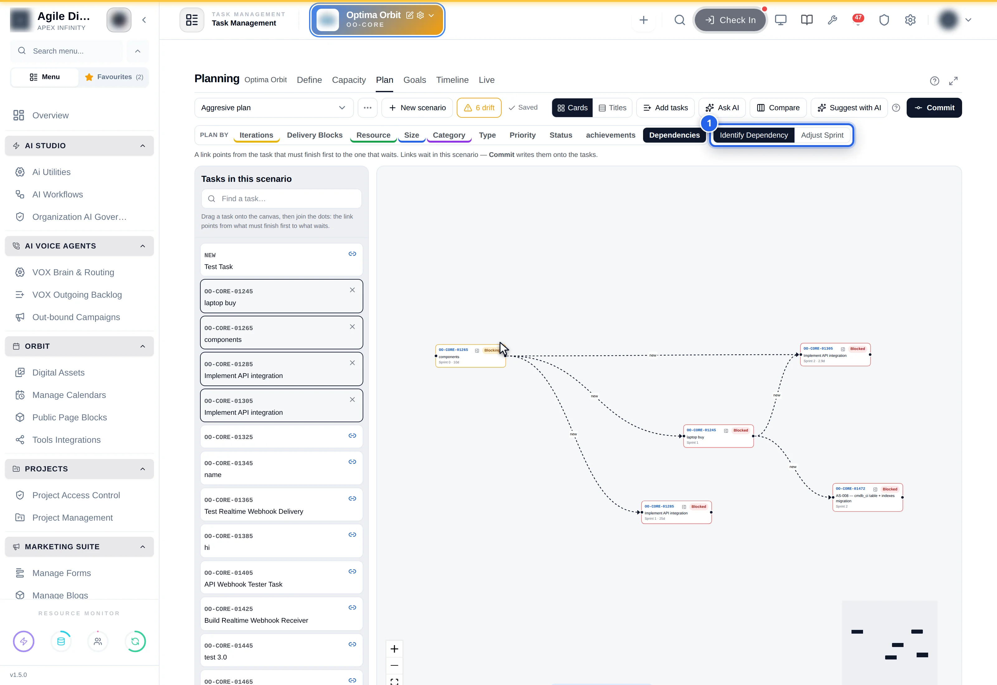 The Dependencies view with the Identify Dependency canvas open, showing story cards joined by links.