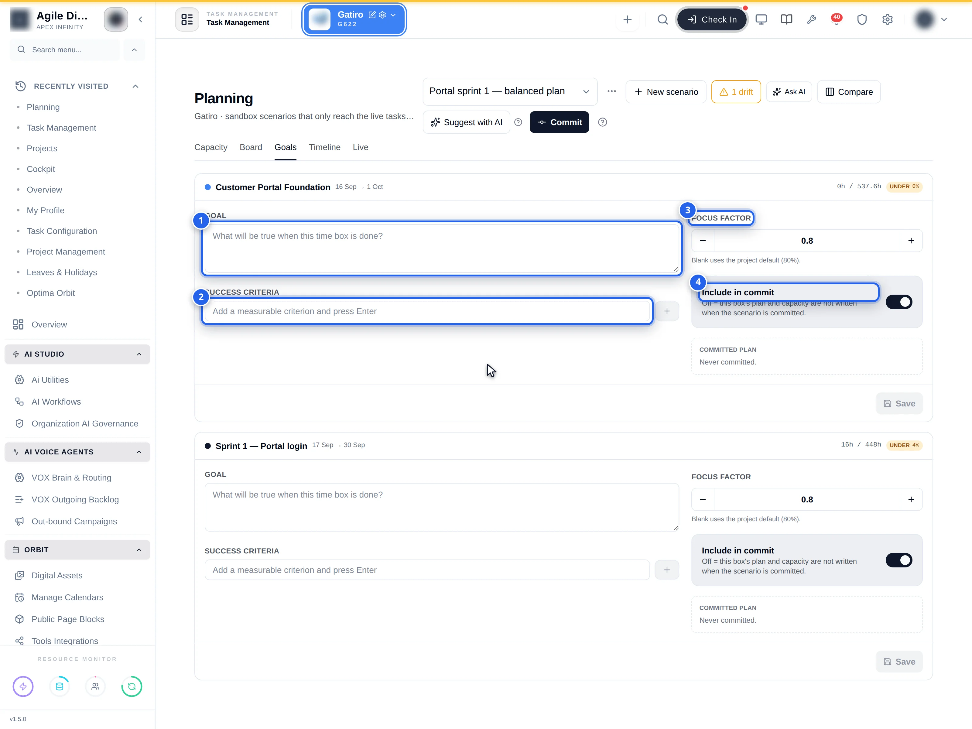Goals tab with two time boxes; on the first: 1 Goal text area, 2 Success criteria input, 3 Focus factor stepper at 0.8, 4 Include in commit switched on, and a Committed plan box reading Never committed