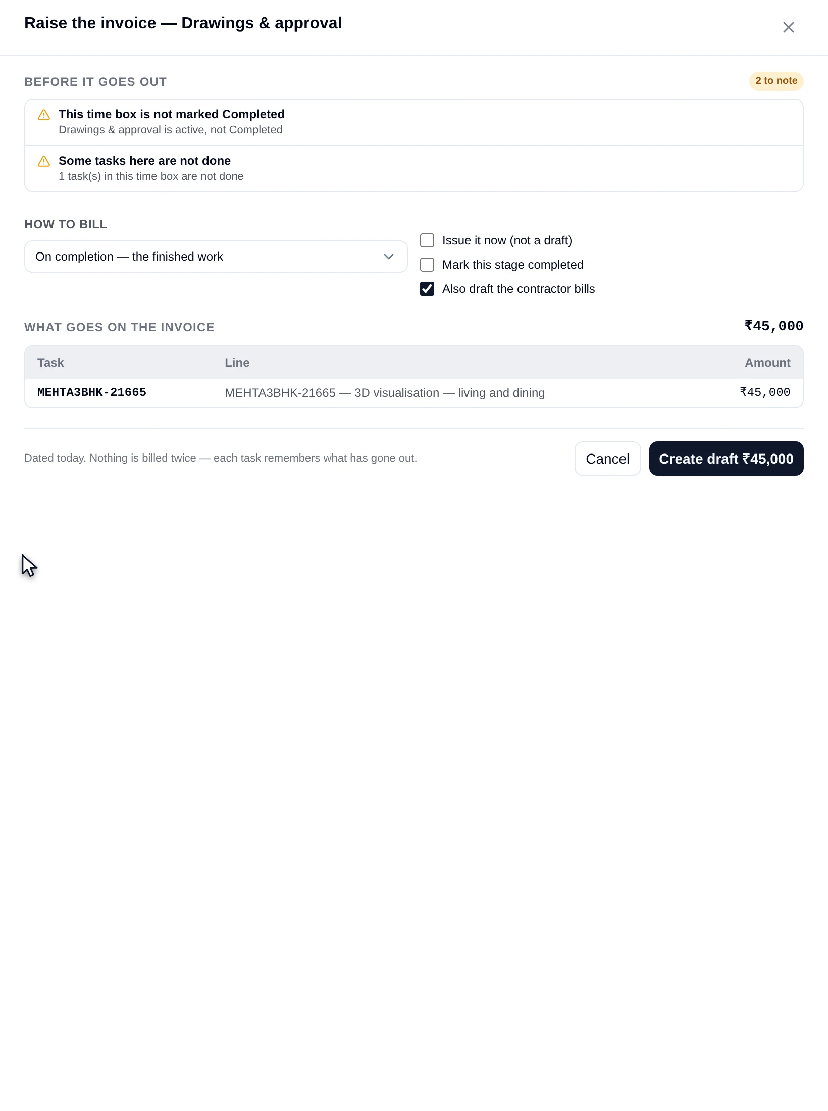 The Raise invoice drawer: the checks before it goes out, how to bill, the lines that go on the invoice with the total, and what was already raised