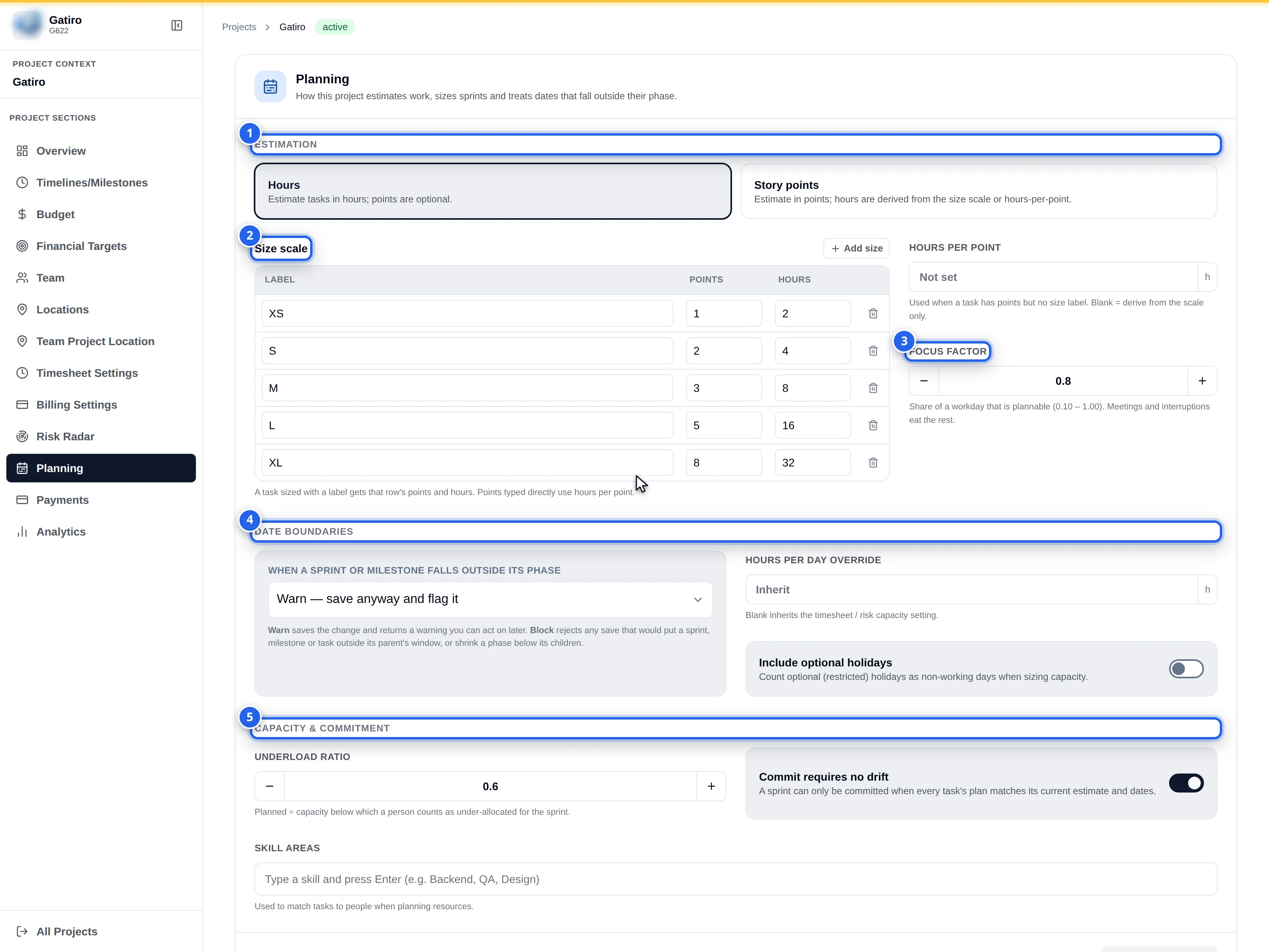 Project settings, Planning section: 1 Estimation (Hours or Story points), 2 Size scale table XS to XL, 3 Focus factor 0.8, 4 Date boundaries with Warn — save anyway and flag it selected, 5 Capacity & commitment with Underload ratio and Commit requires no drift
