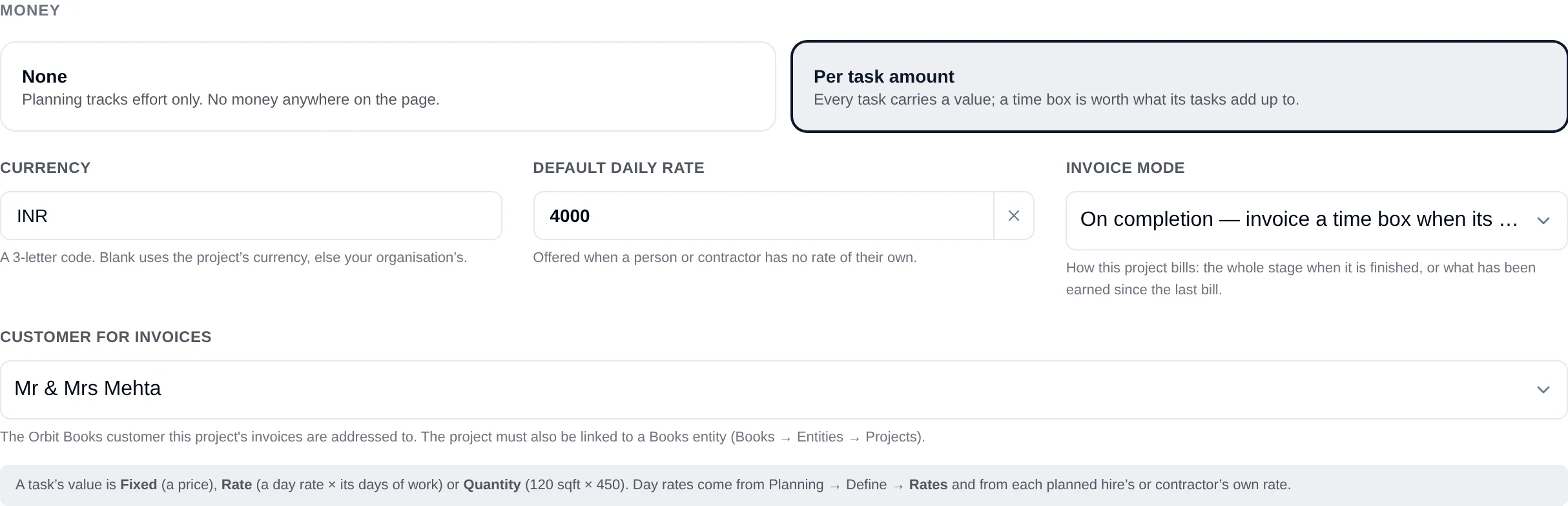 Project settings, Planning, Money: None or A value per task, currency, default day rate and the invoicing mode