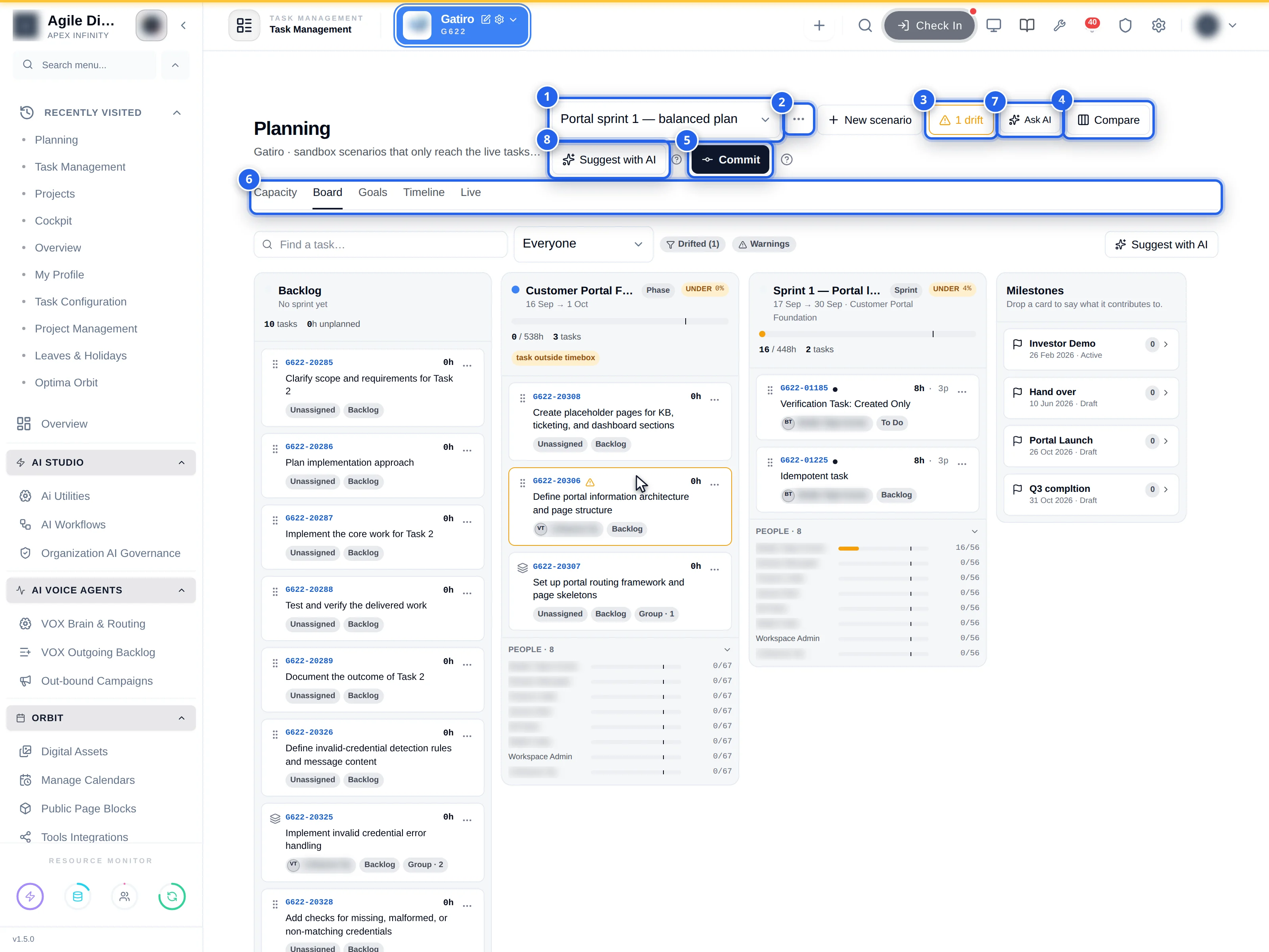 Planning page with a draft scenario selected on the Board tab: 1 scenario switcher, 2 scenario menu, 3 drift badge, 4 Compare, 5 Commit, 6 the five tabs, 7 Ask AI, 8 Suggest with AI