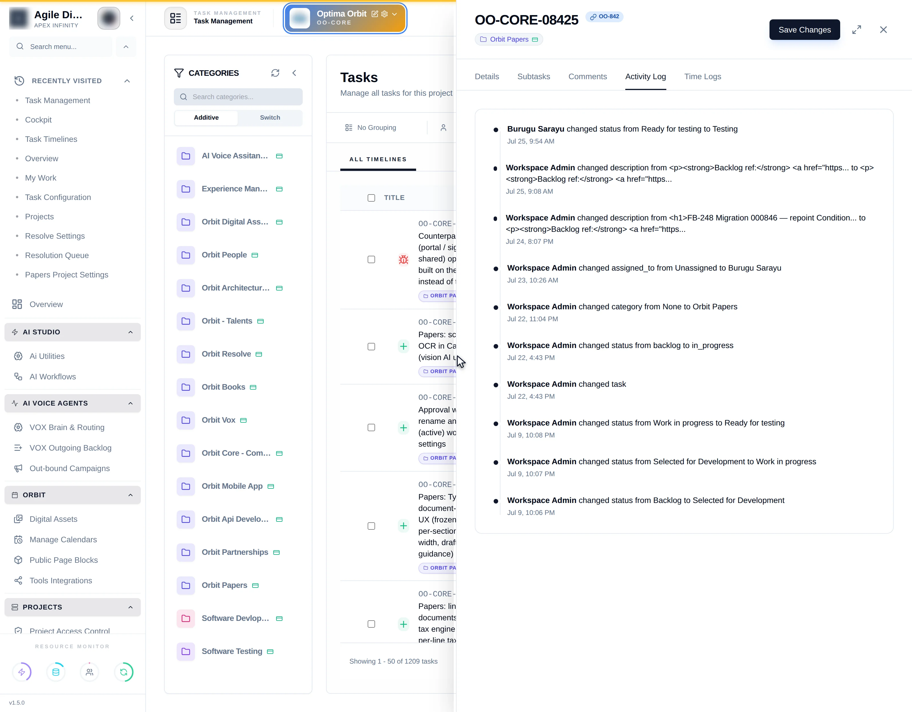 The Activity Log tab timeline with dots, actor names and timestamps