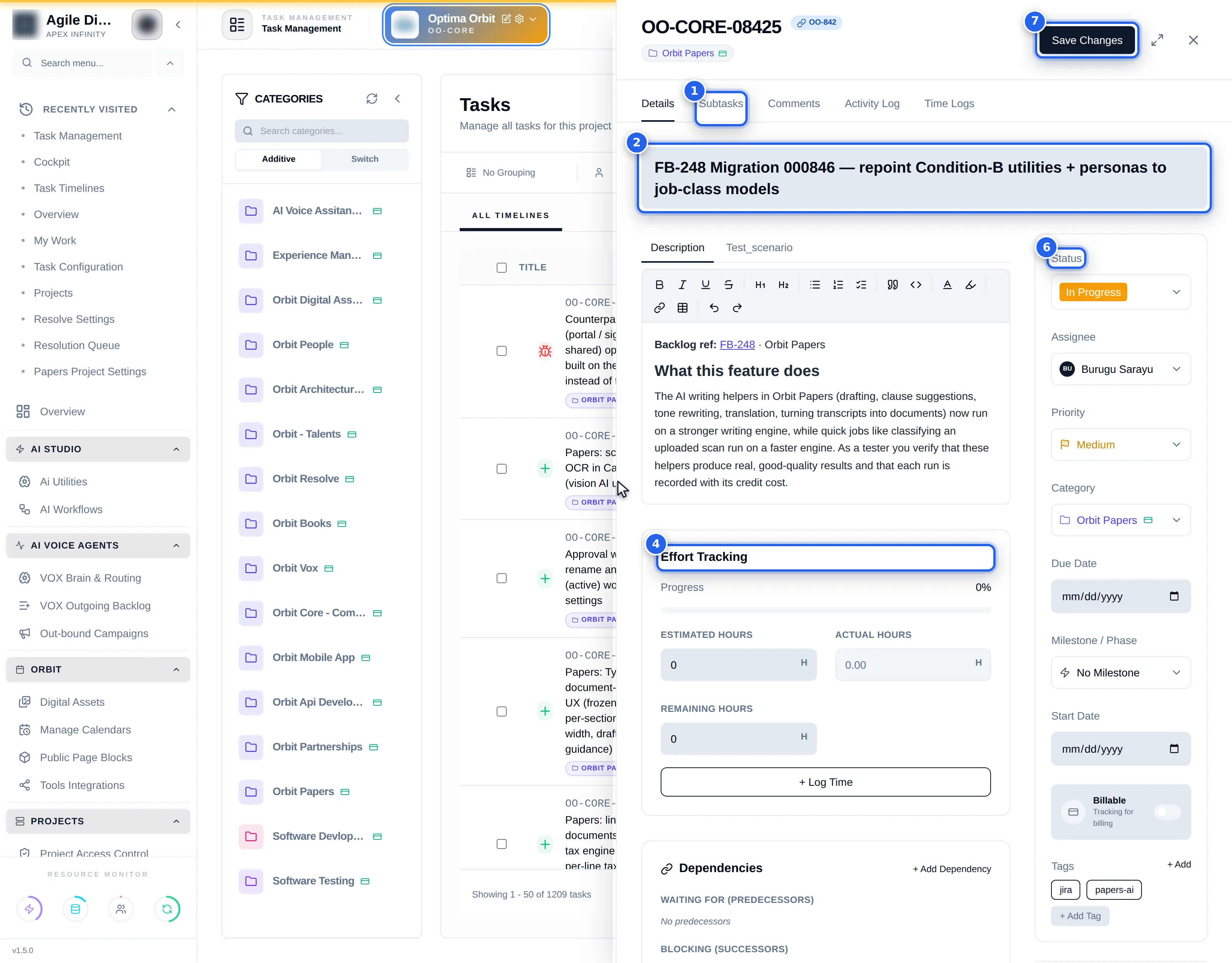 The panel with tabs, title, description and the properties column