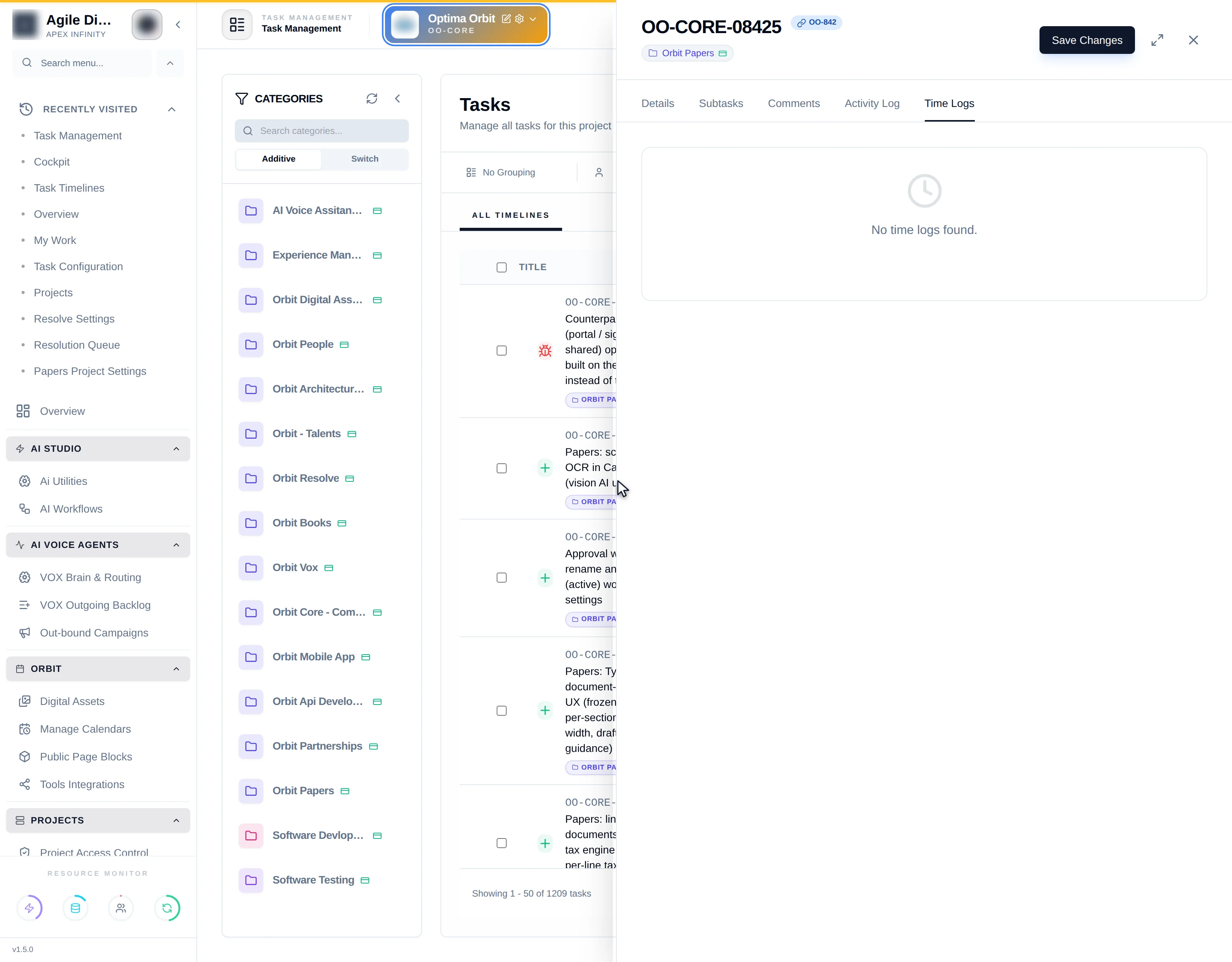 The Time Logs tab listing user, date, duration, description and attachments