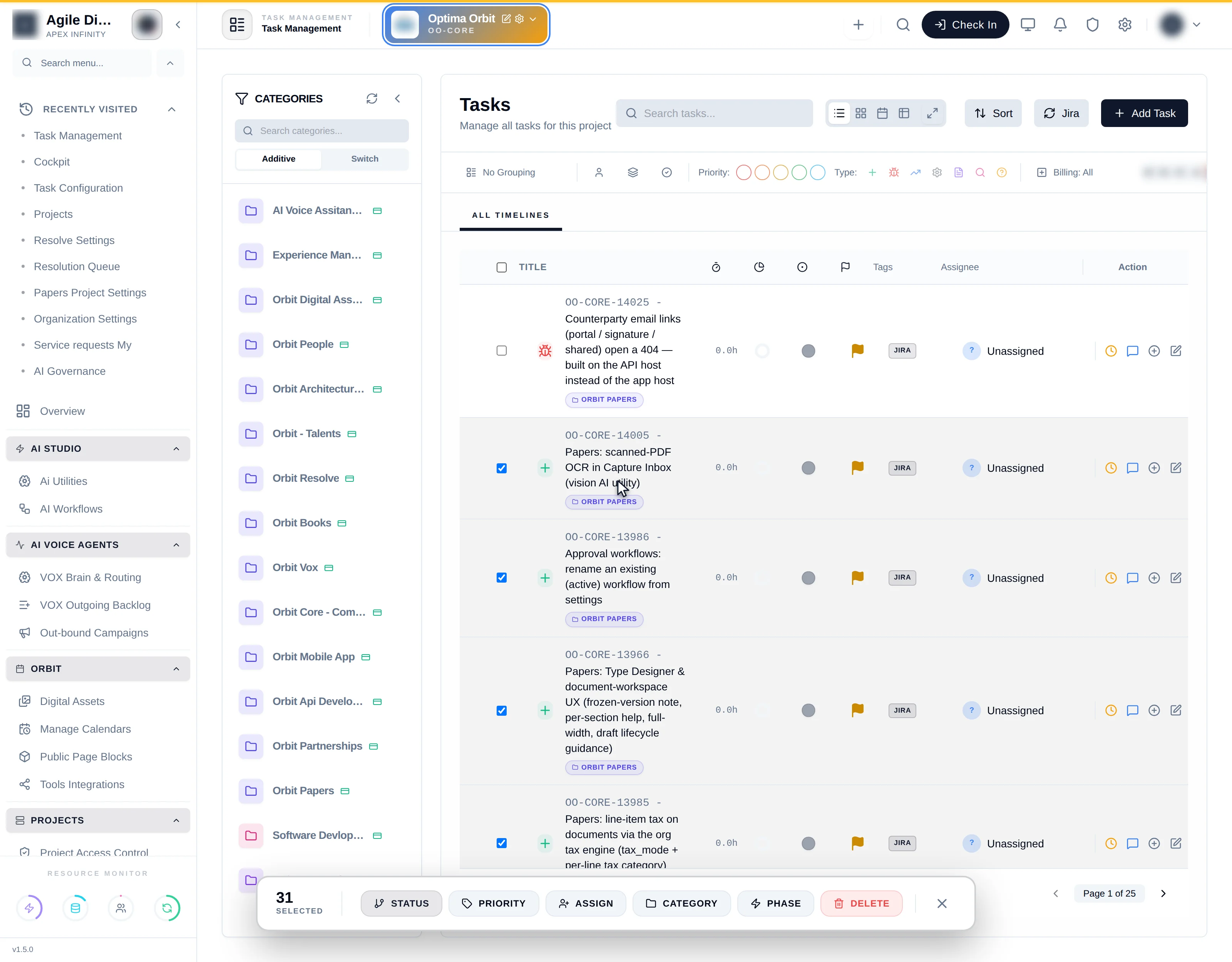 The floating bulk action bar with a selection active