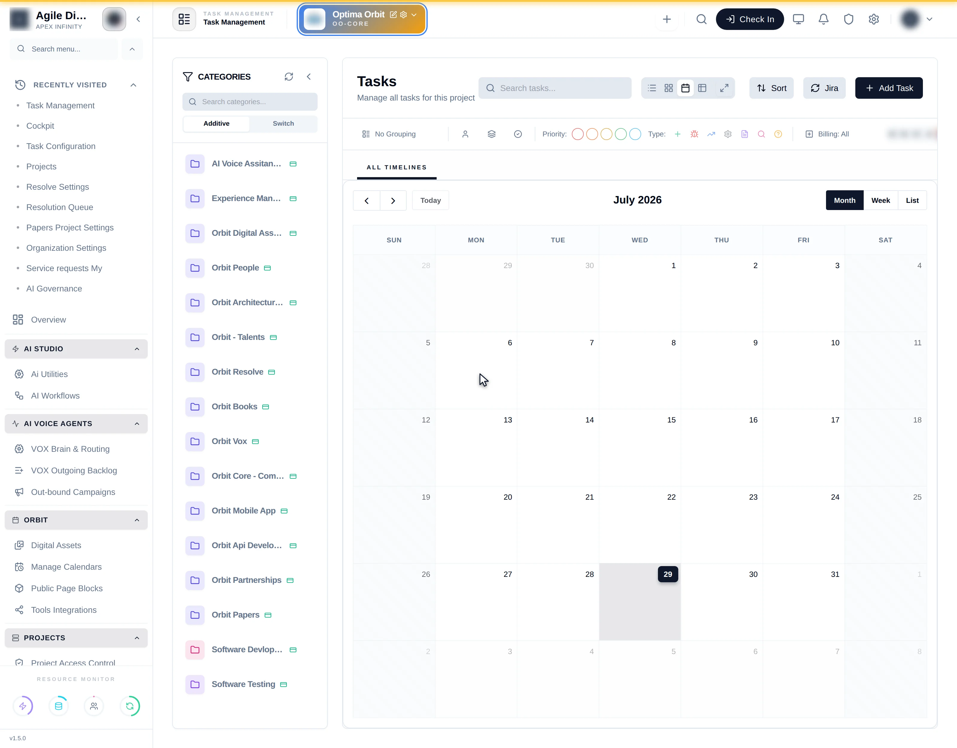 The month grid with task pills, a shaded weekend, a holiday wash and a leave block