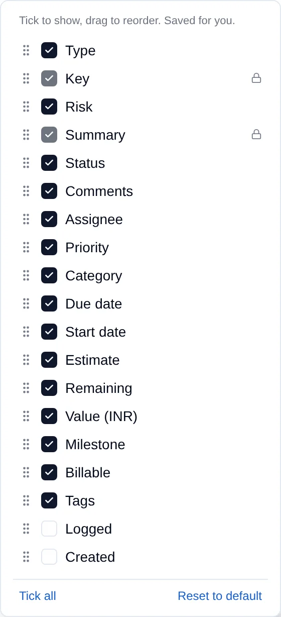 The Columns panel: every column with a tick box and a drag handle, Key and Summary locked, Logged and Created unticked, Tick all and Reset to default at the foot