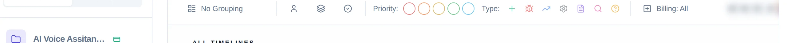 The full-width filter bar, pips: 1 Group by, 2 Billing, 3 My Tasks, 4 Hide Subtasks, 5 Hide Done, 6 priority circles, 7 type circles, 8 assignee avatars, 9 Clear