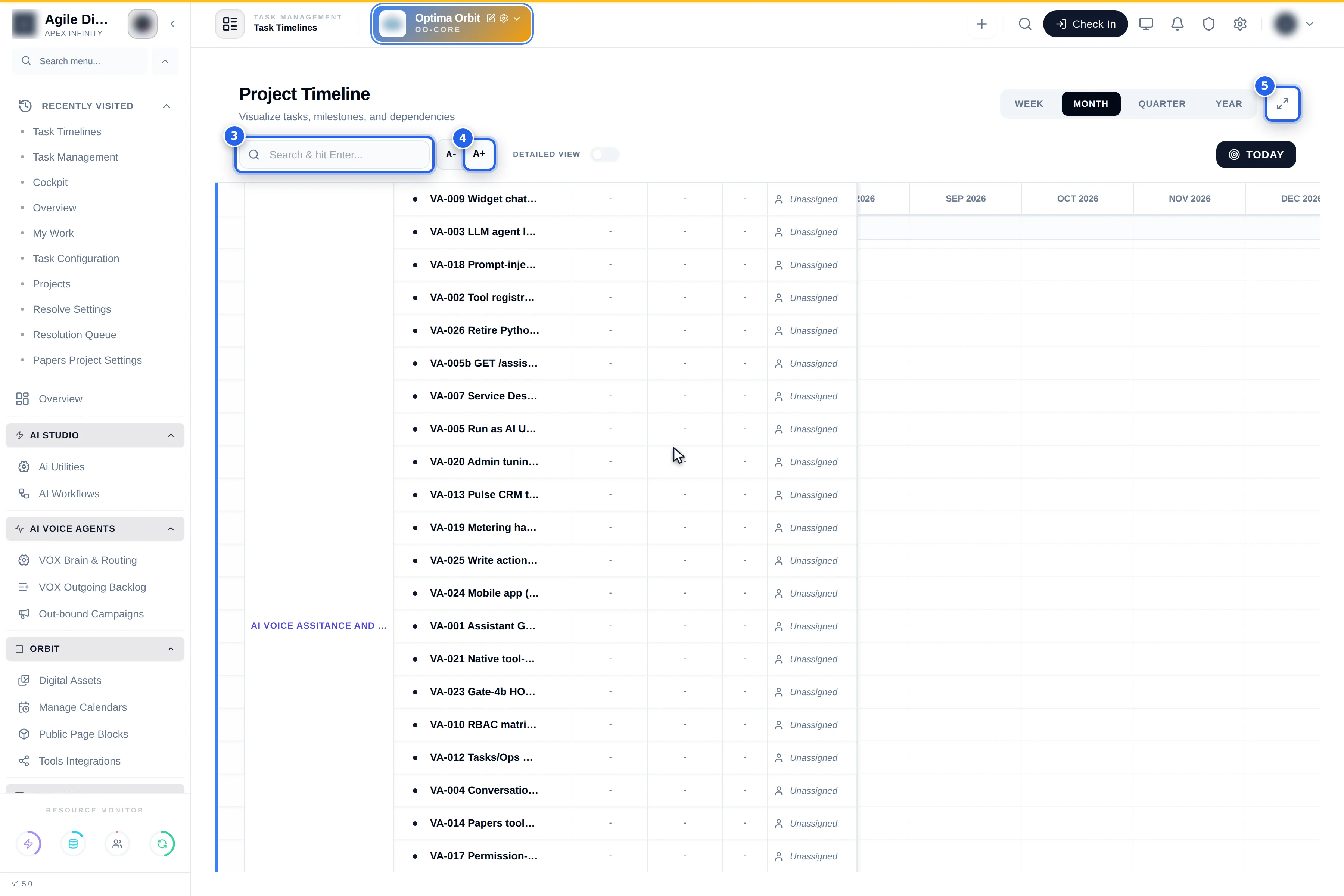 The Gantt with milestone and category rows, bars and dependency arrows