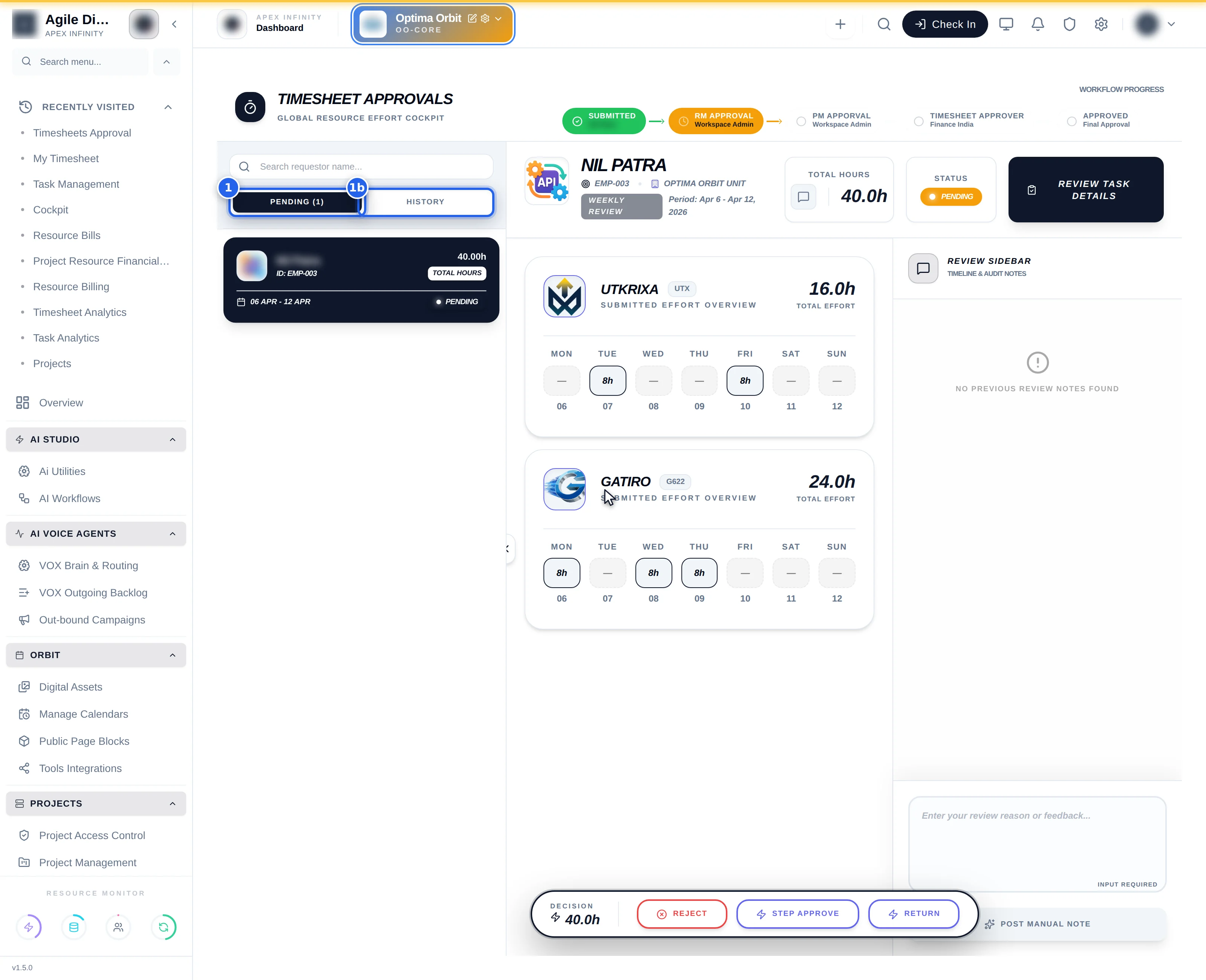 The approvals screen with Pending/History tabs, the queue and the detail pane