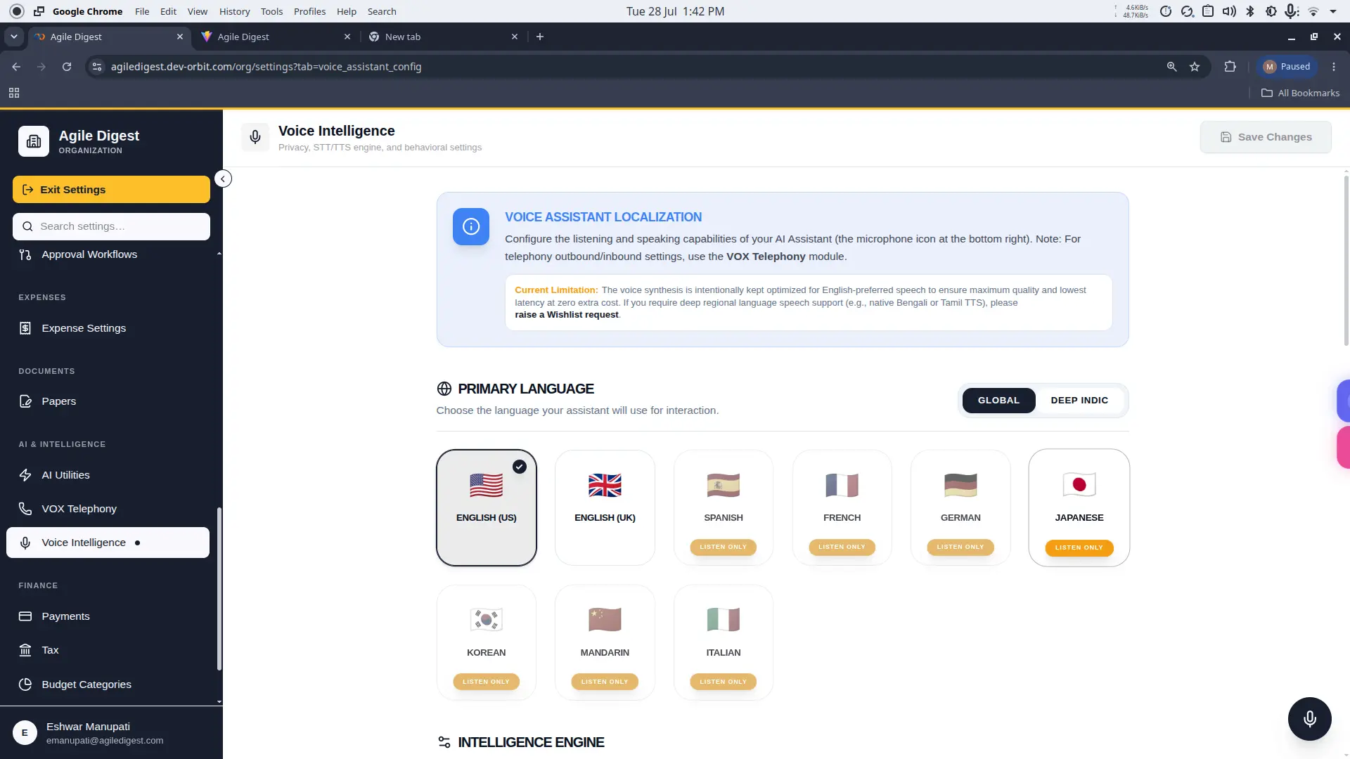 Voice Localization Settings