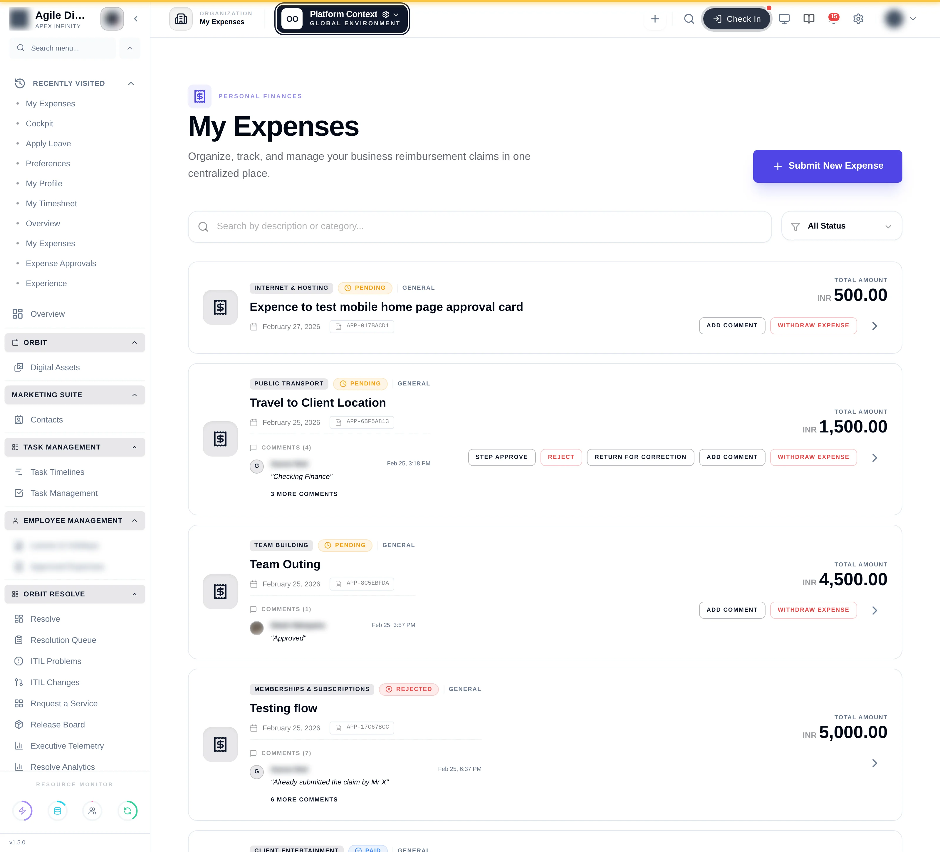 A list of expense claims with amounts and status badges