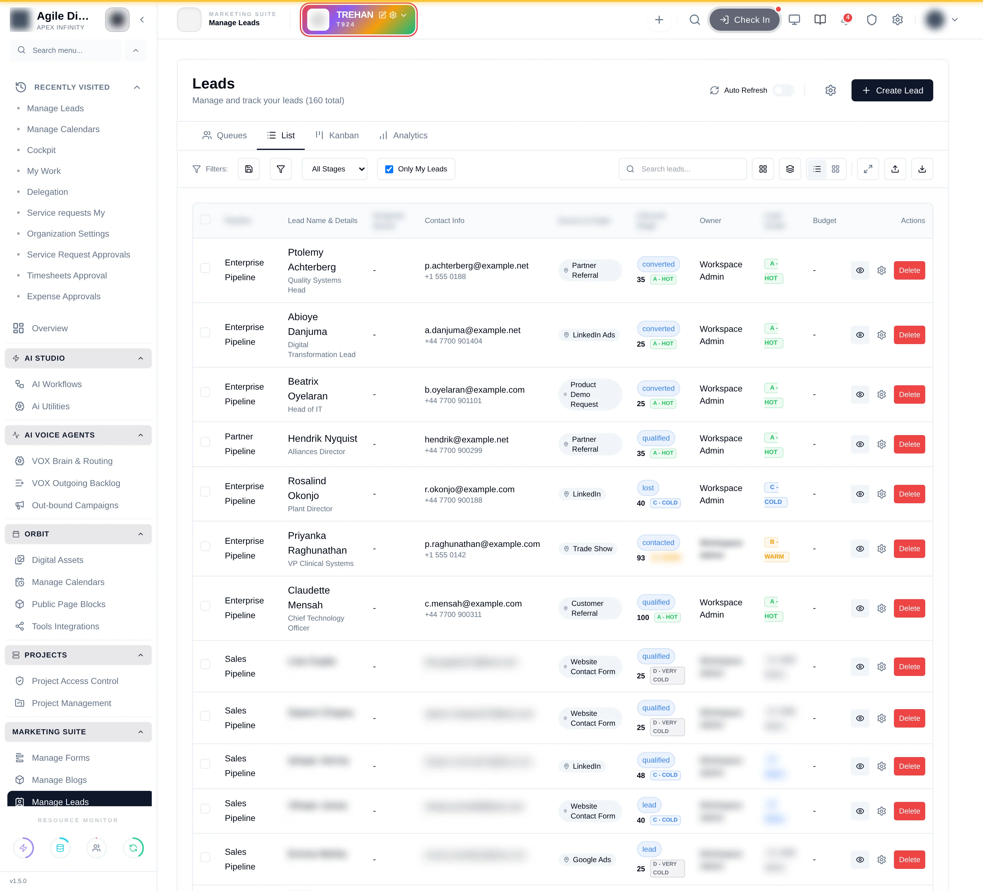 The leads list filtered to leads owned by the signed-in user