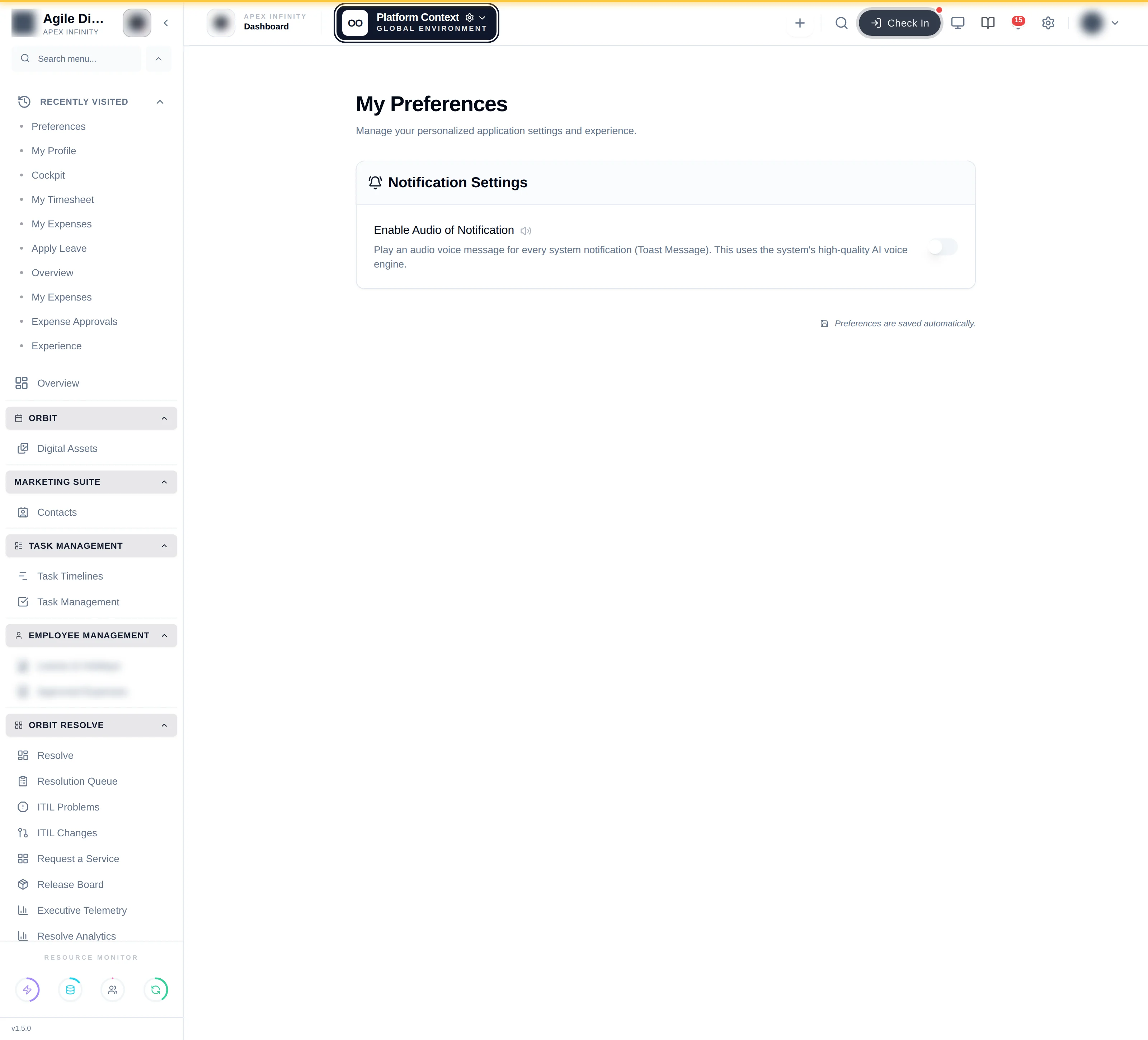 The My Preferences screen