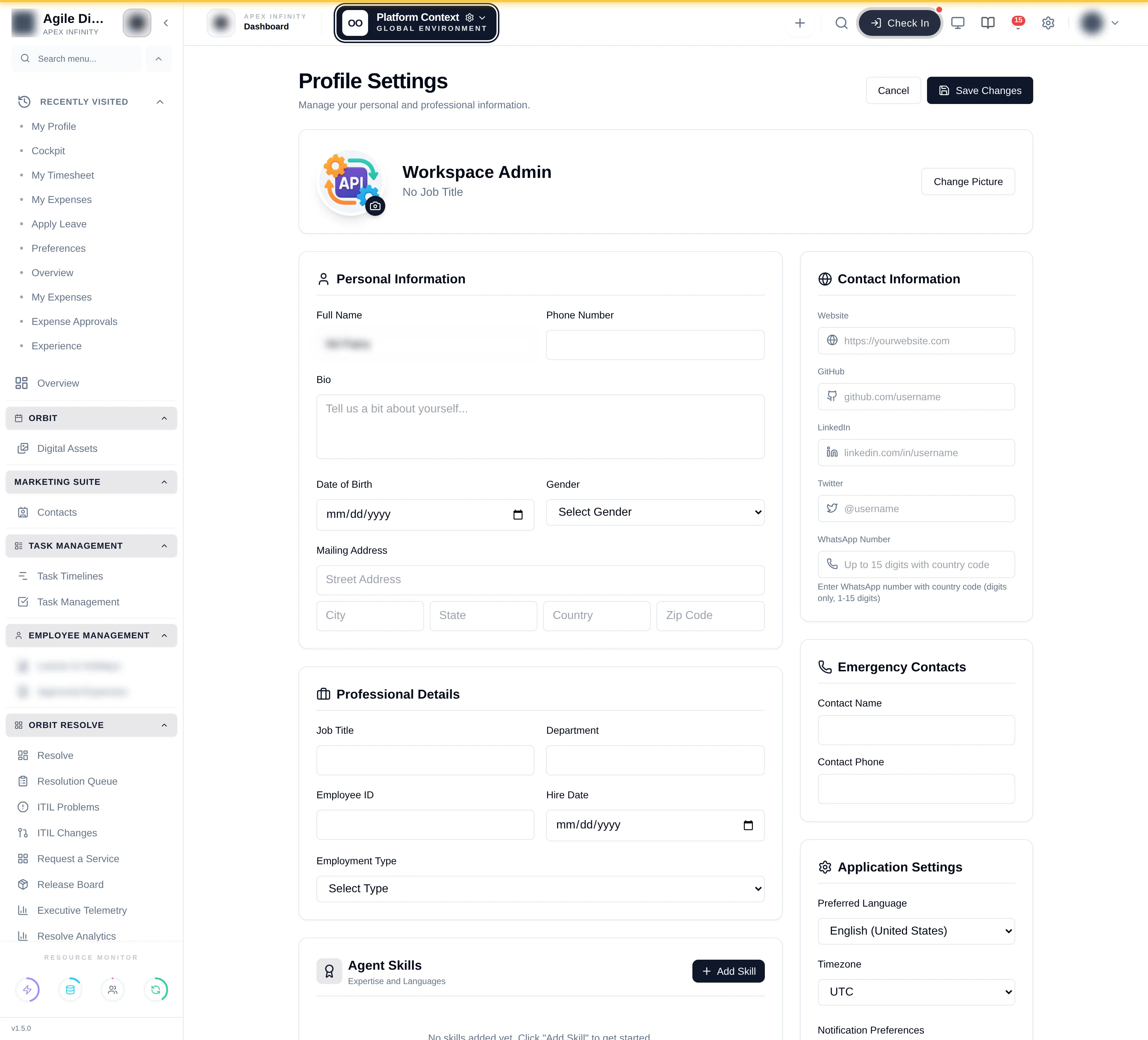 The My Profile screen with personal, professional and contact sections
