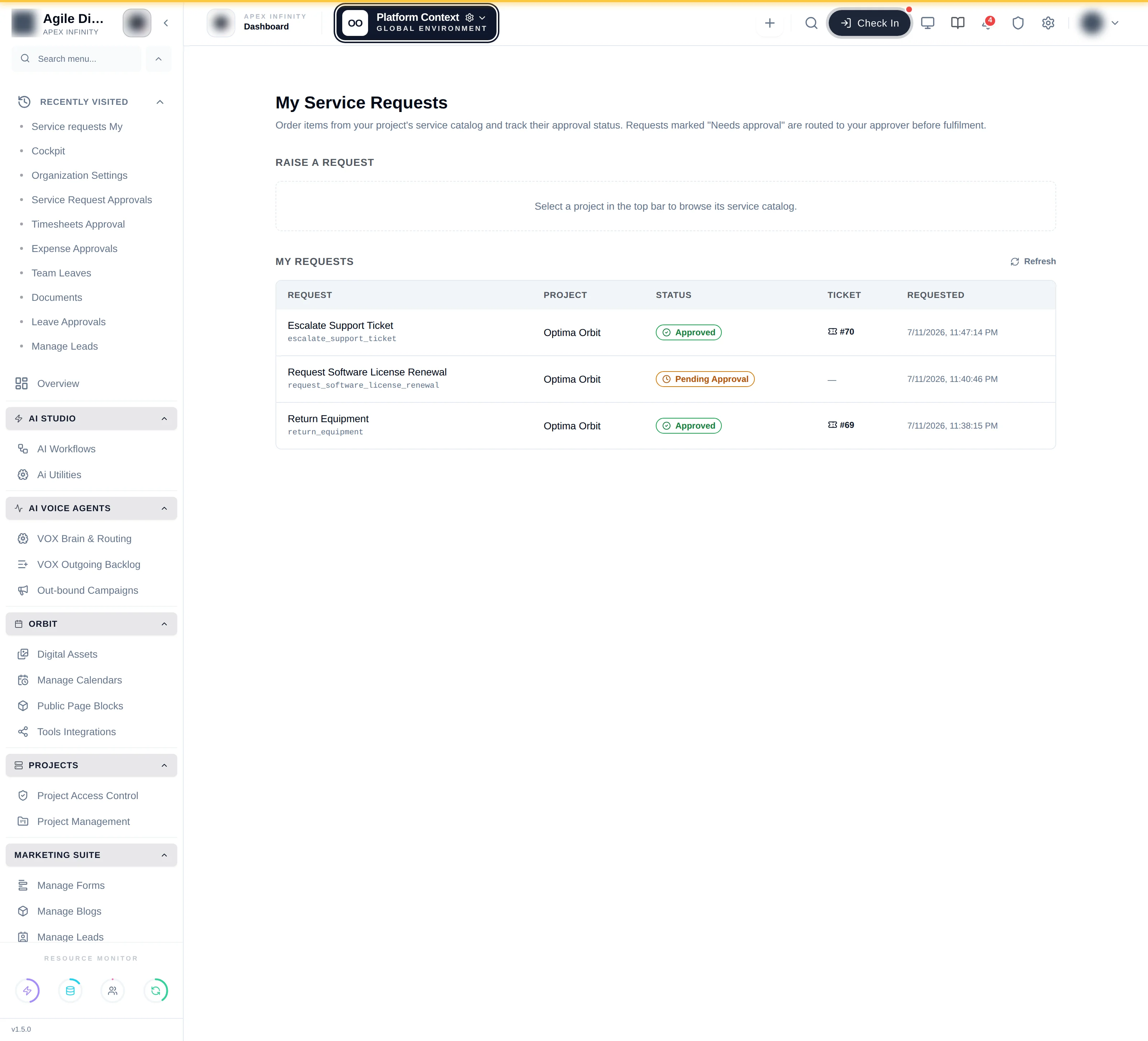 A list of internal service requests with their status