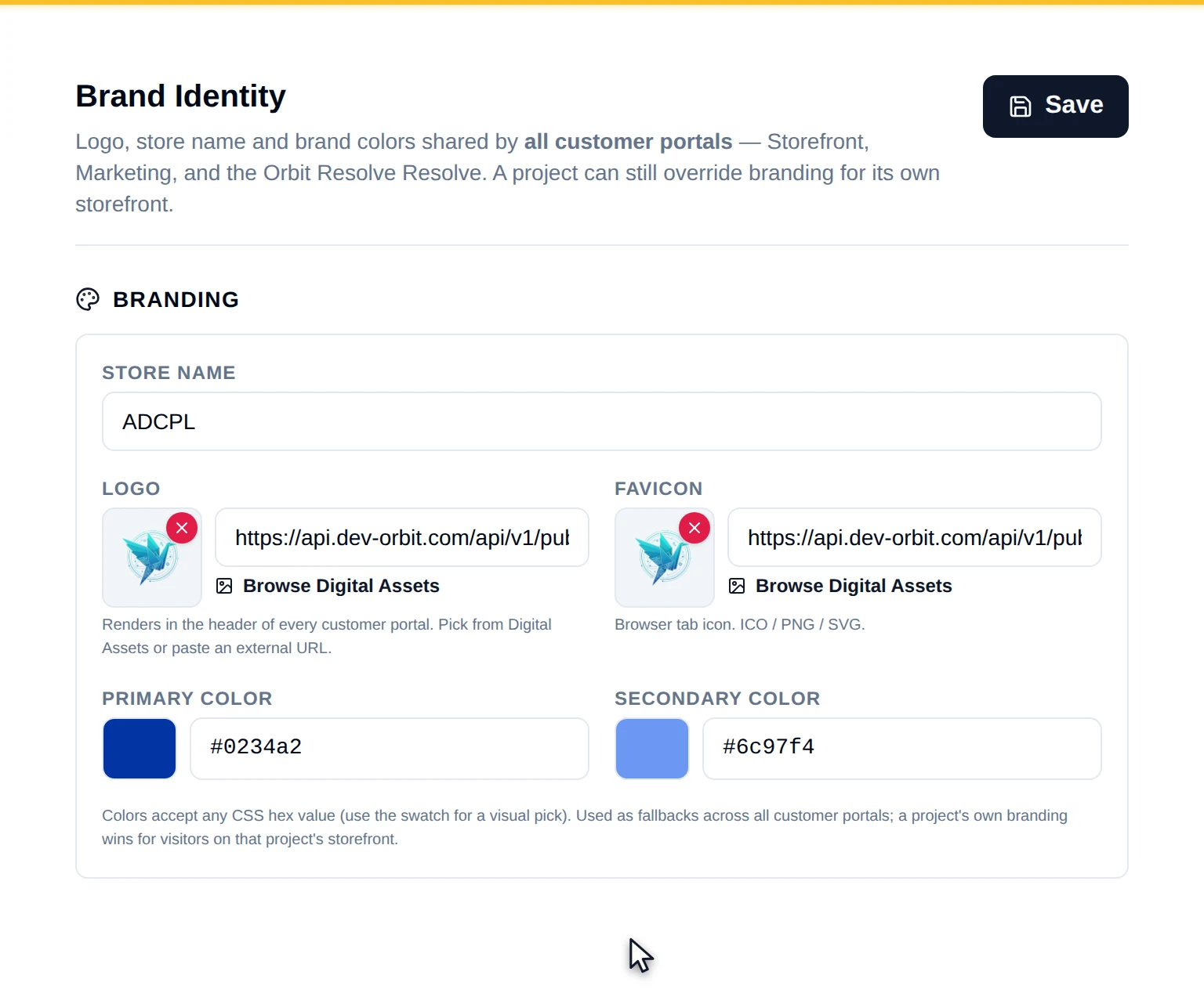 The Brand Identity tab: store name, logo and favicon pickers, primary and secondary colour pickers, and a Save button