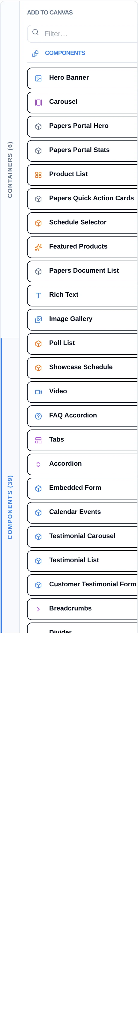 The Page Builder component palette on the Papers portal home page, with its Containers, Components and Widgets groups