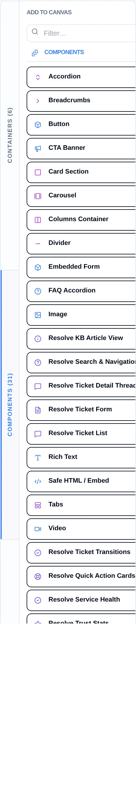 The Page Builder component palette on the Resolve help-centre home page, with its Containers, Components and Widgets groups
