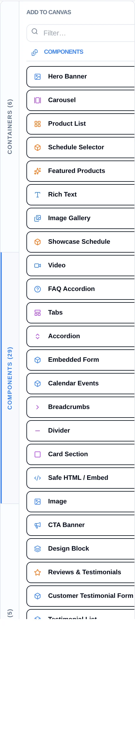 The Page Builder component palette on the Storefront home page, with its Containers, Components and Widgets groups
