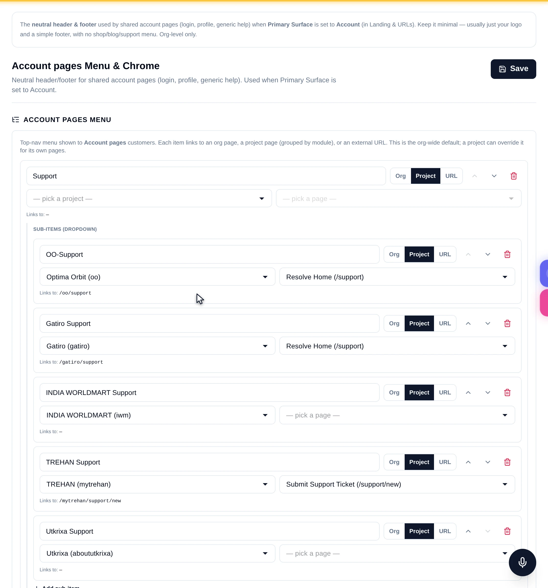 The Account Pages header and footer tab, with an explainer card above the same menu and chrome editor