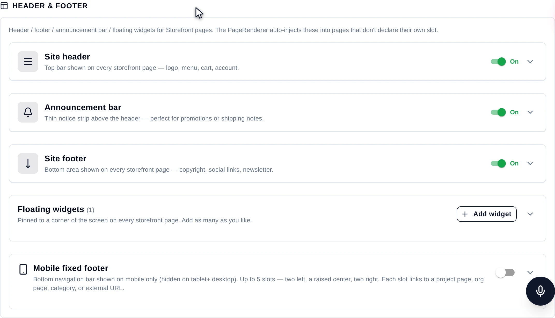 The Header and Footer section showing Site header, Announcement bar and Site footer slots with On switches, plus Floating widgets and Mobile fixed footer